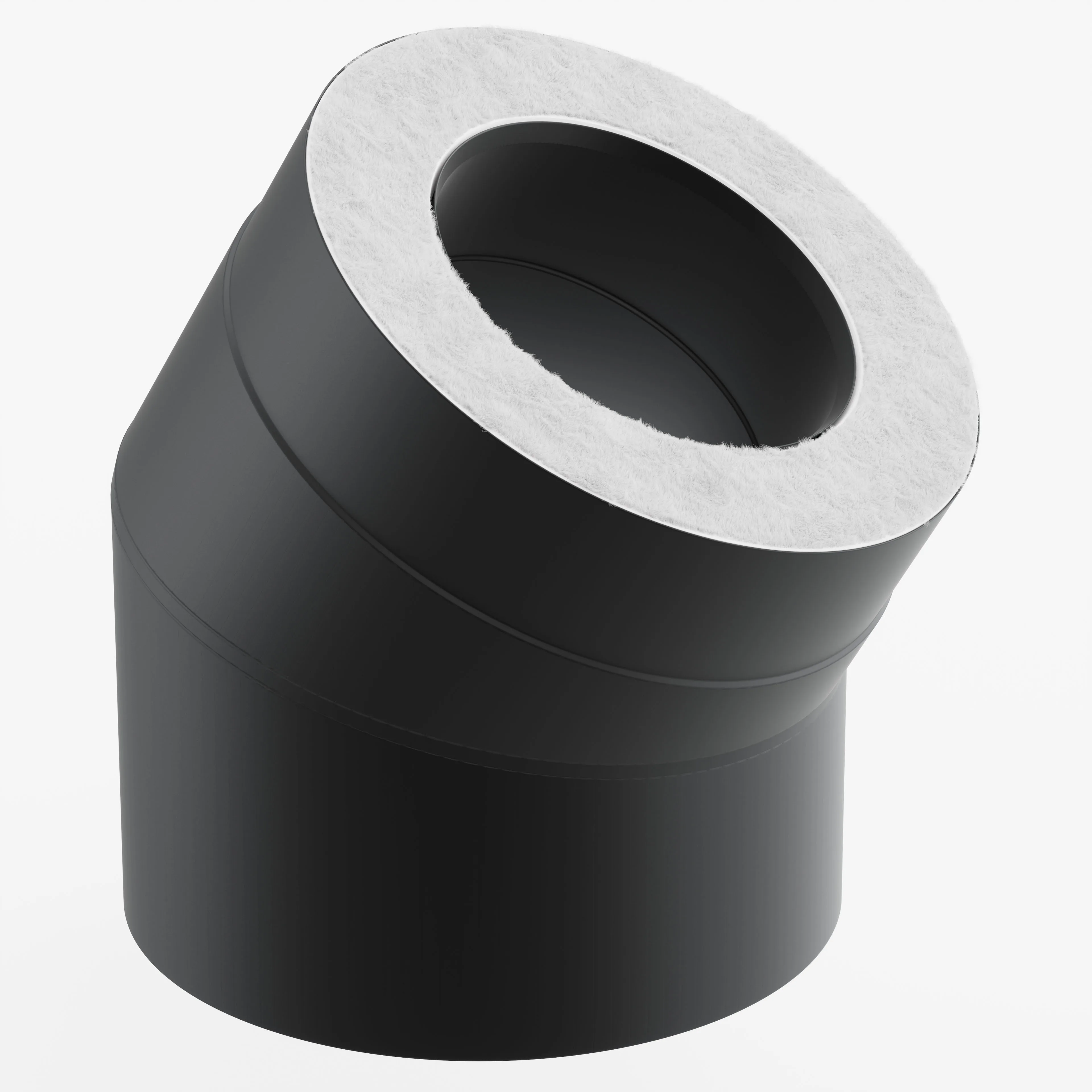 Photorealistic 3D rendering of a matte black 45-degree pipe elbow on a white background, showing a top opening with a white fibrous insulation ring and soft studio lighting that highlights the seams and curved contours.