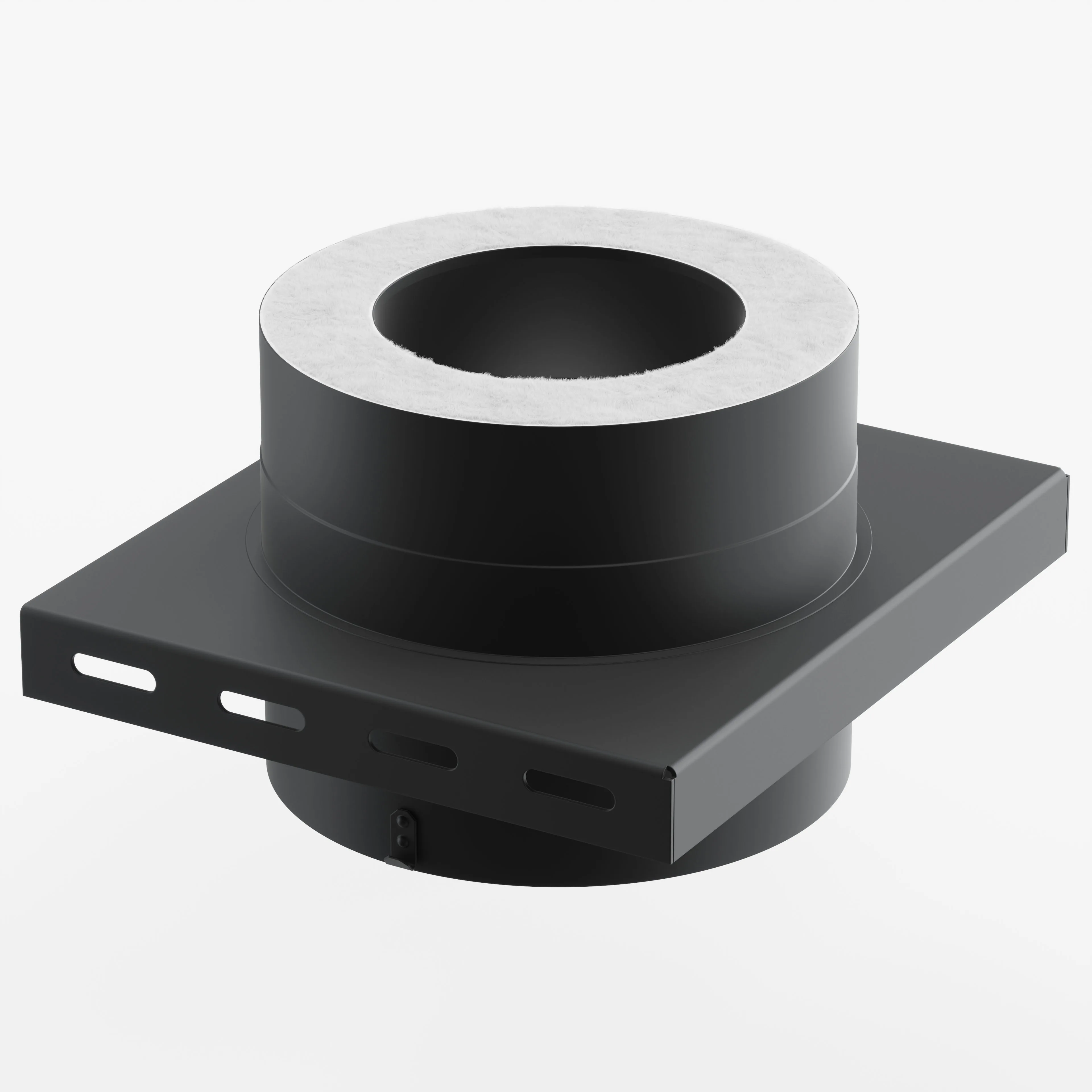 Photorealistic 3D rendering of a black cylindrical duct adapter with a square mounting flange and a white fibrous insulation ring around the top opening on a white background.