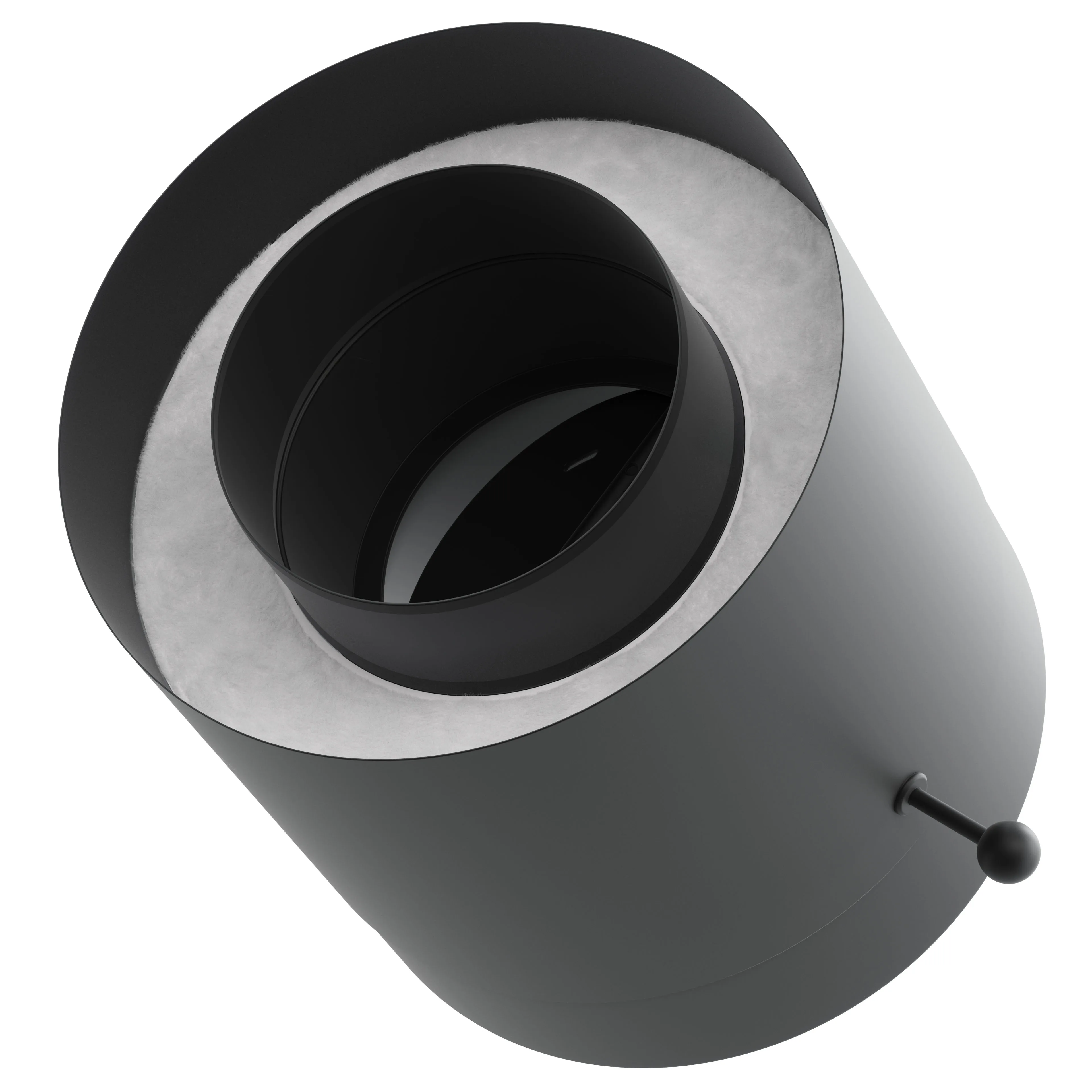 Photorealistic CGI of a matte black cylindrical component on a white background, showing a recessed glossy inner tube, a white felt-like gasket around the rim, and a small side-mounted rod with a spherical end.