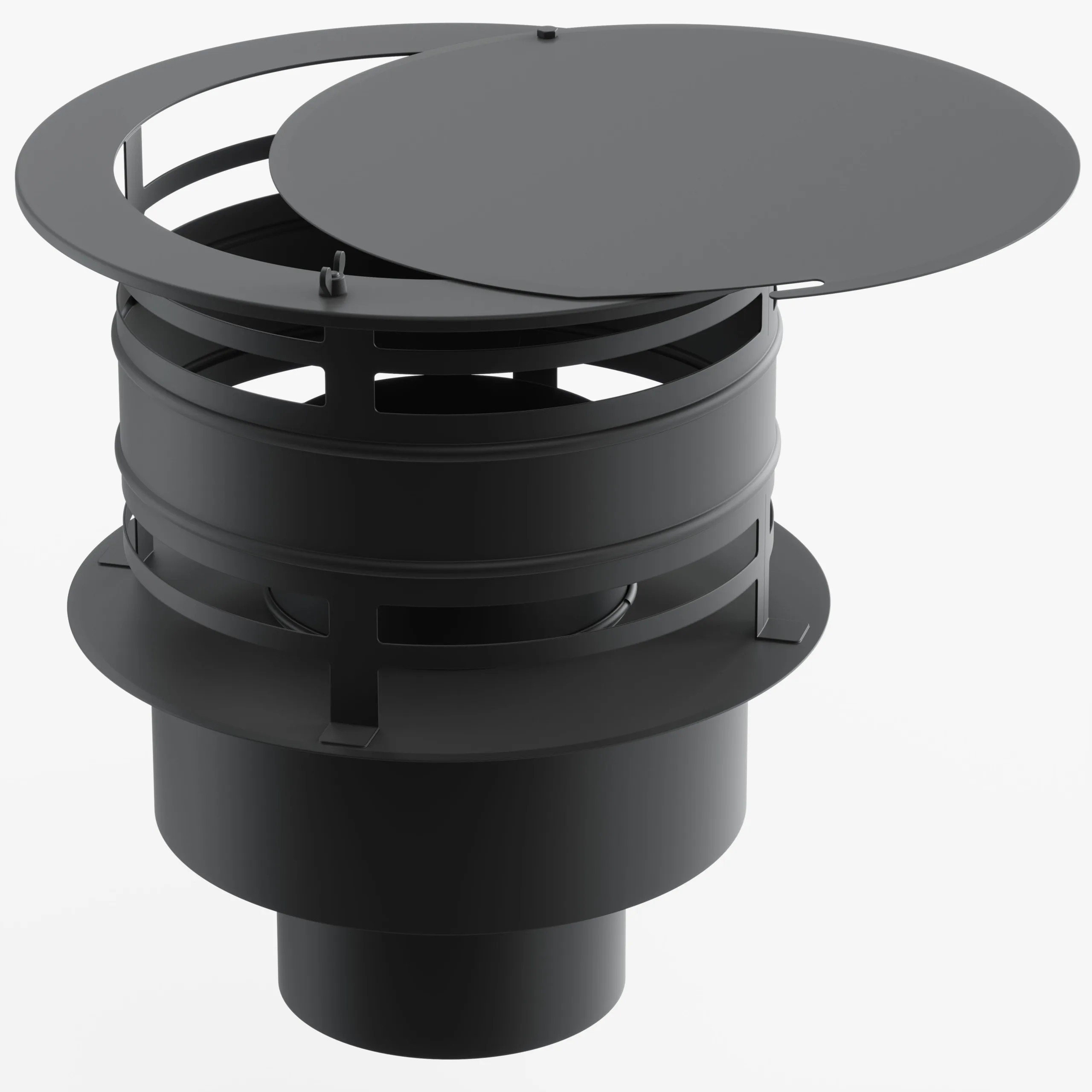 Black metal chimney cap with cylindrical base and partially open circular cover.