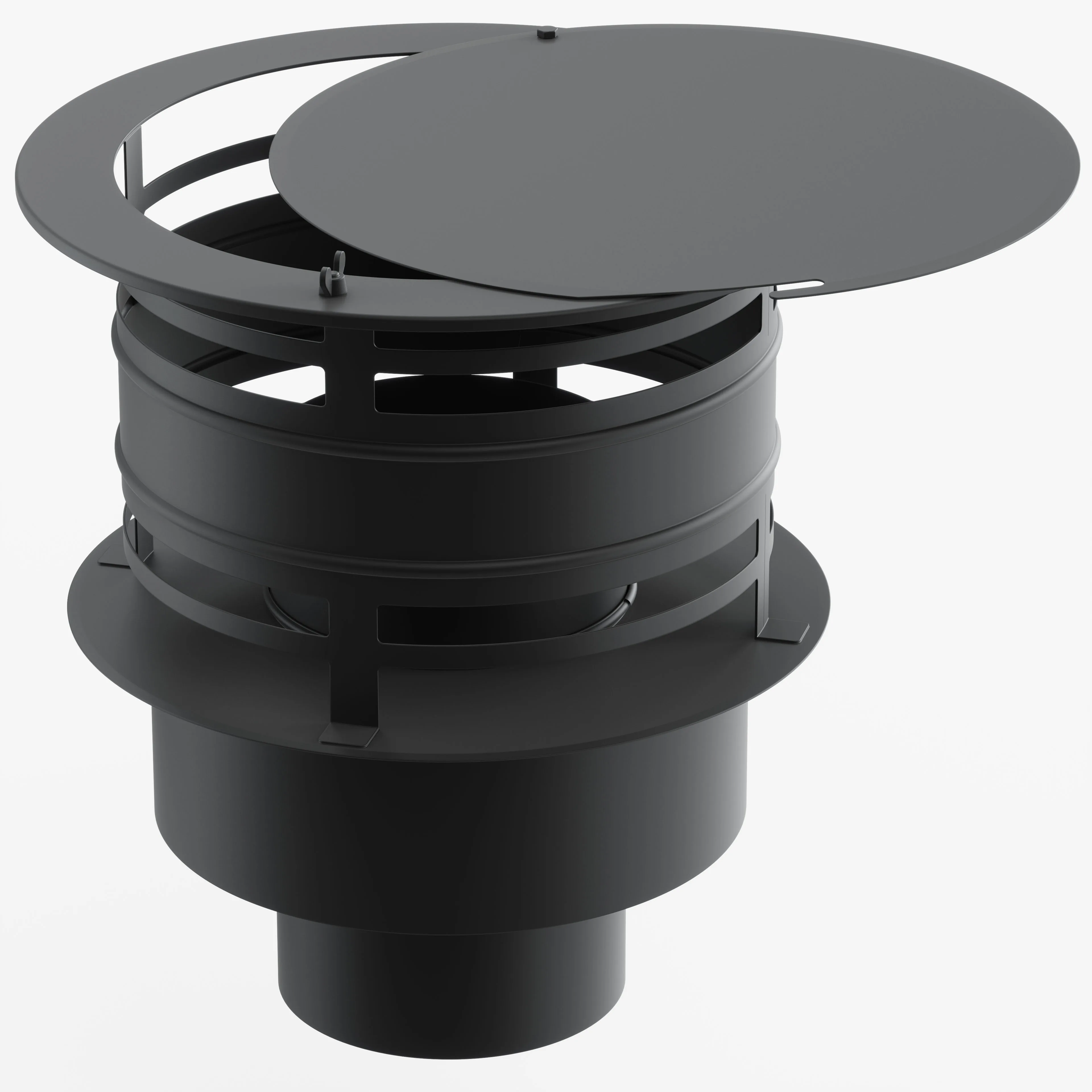 Photorealistic 3D rendering of a matte-black cylindrical chimney/roof vent cap with horizontal vent slots and an offset circular top plate partially open, shown on a white background.