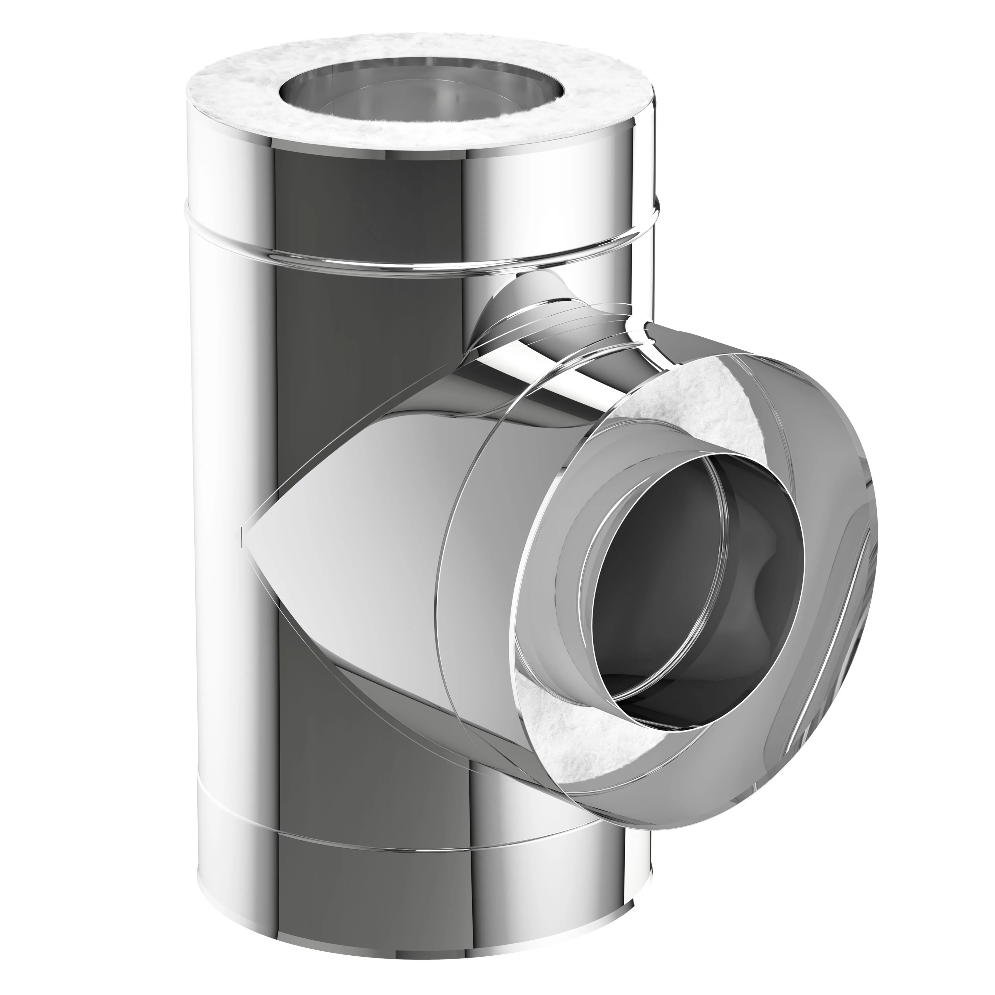 Photorealistic 3D CGI of a polished stainless-steel T-shaped pipe fitting with a circular side branch and exposed white insulation at the cut edges, rendered on a white background with studio lighting emphasizing reflective chrome surfaces.