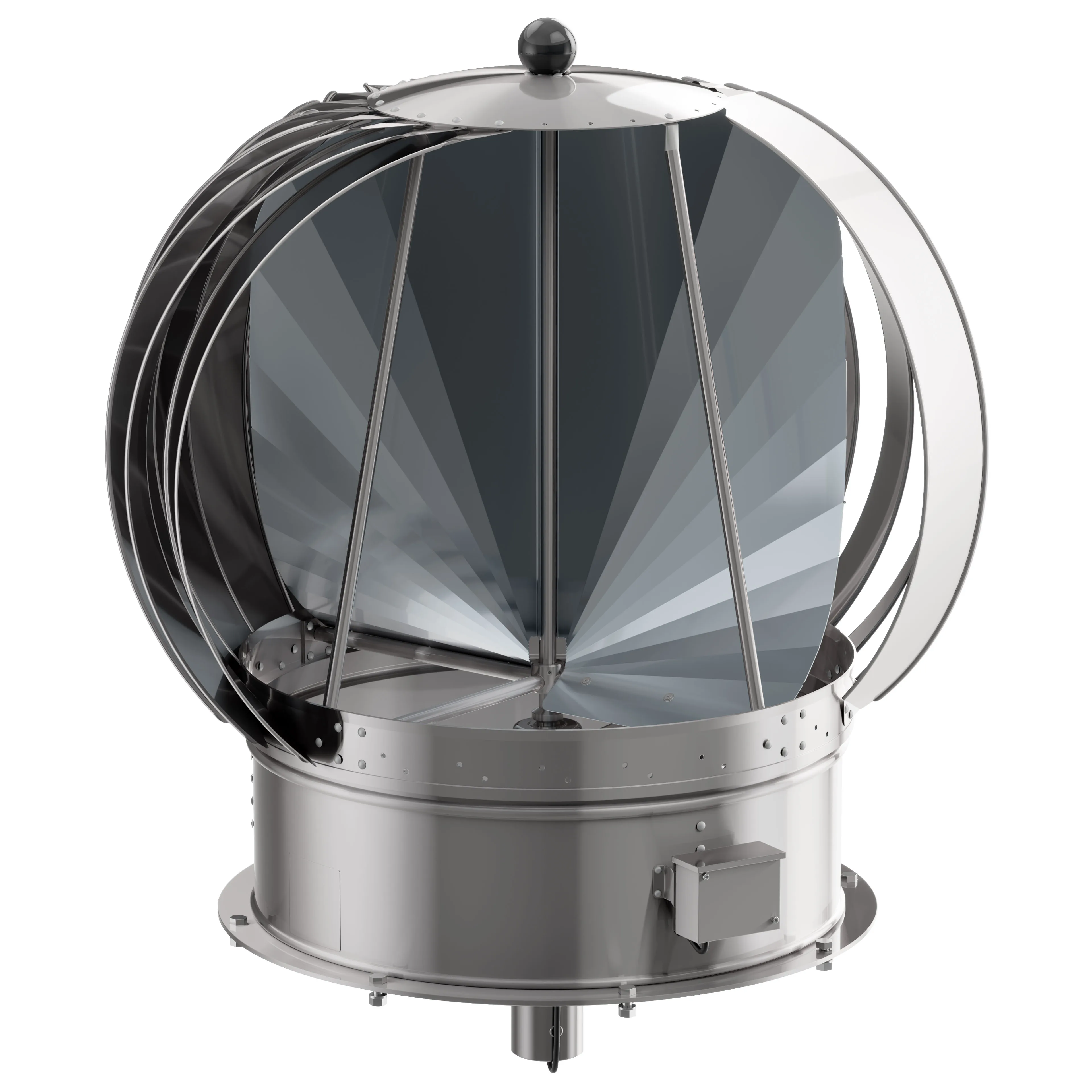 Photorealistic 3D rendering of a stainless-steel rooftop rotary ventilator on a white background, showing a circular flanged base with a small junction box, vertical support rods, reflective curved vanes arranged around a central hub, and a domed top cap with a spherical finial.