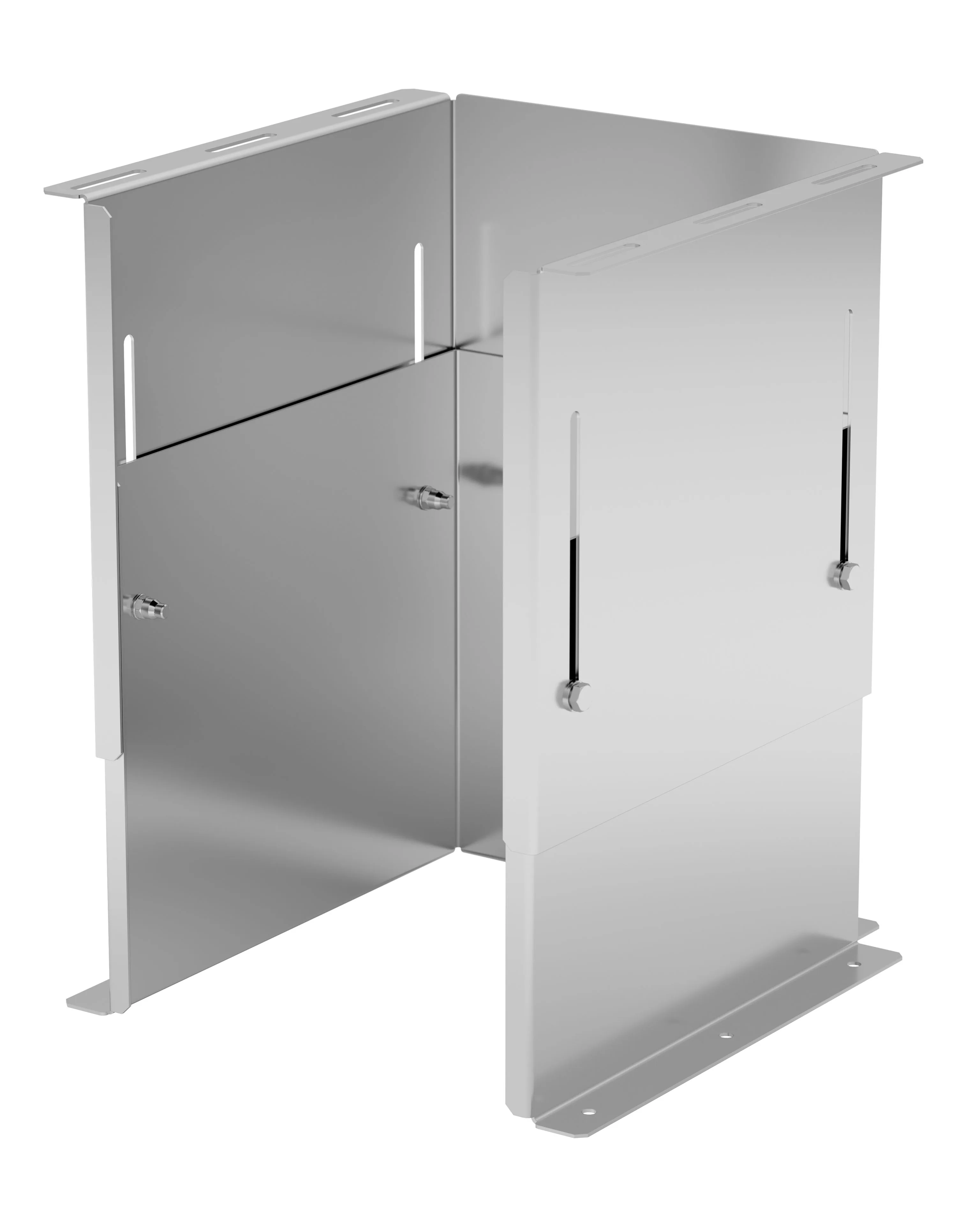 Photorealistic CGI of a stainless-steel four-panel mounting bracket with vertical slotted panels, top and base mounting flanges, and bolted adjustable fittings, shown against a white background with studio lighting.