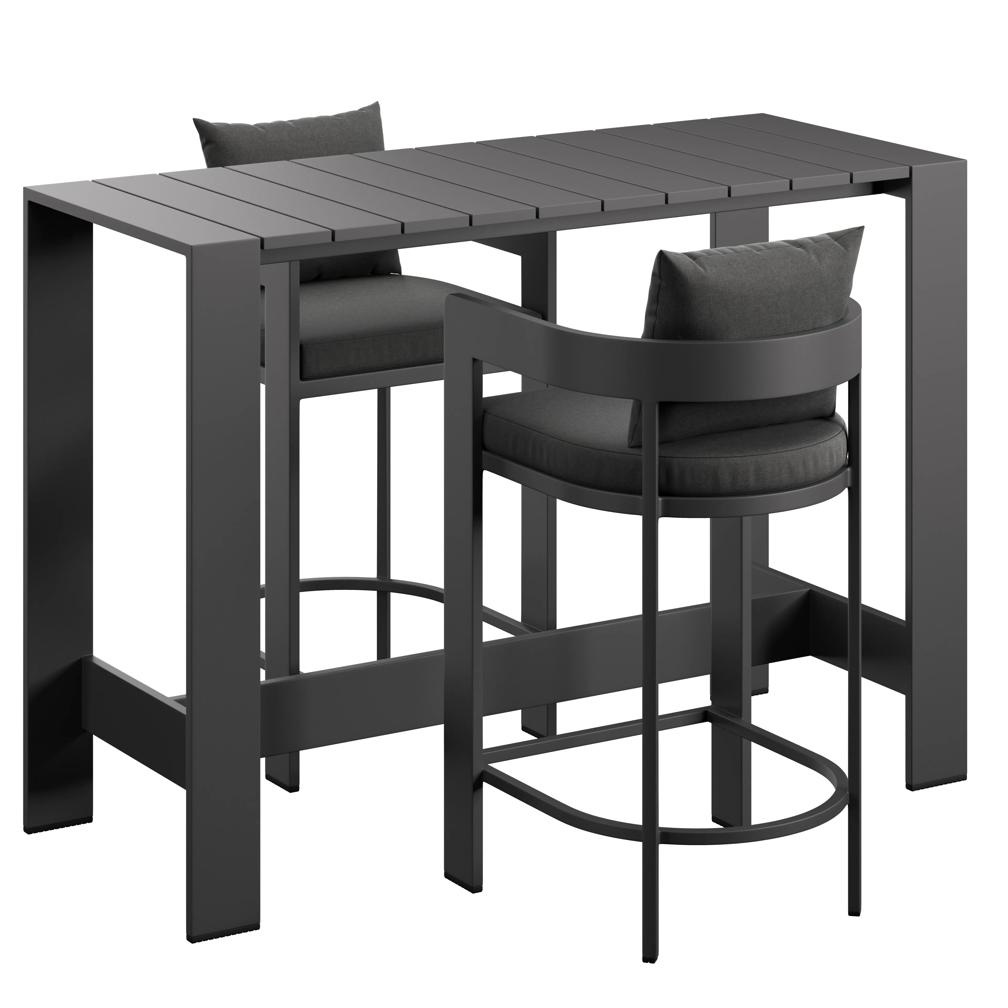 Modern dark gray high-top outdoor bar table with slatted top and two cushioned curved-back bar stools