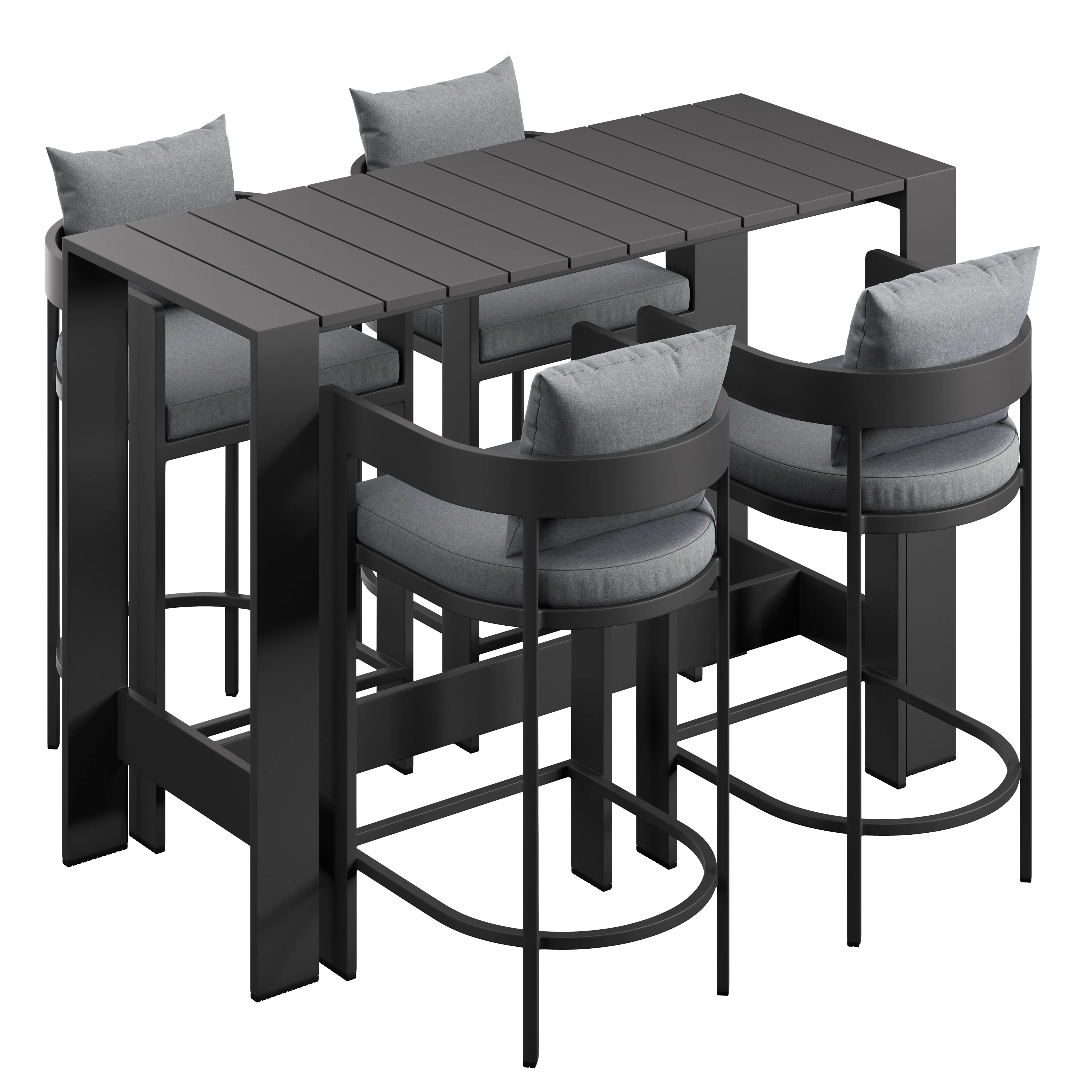 Modern dark metal high dining table with slatted top and four gray cushioned bar stools with curved backs.