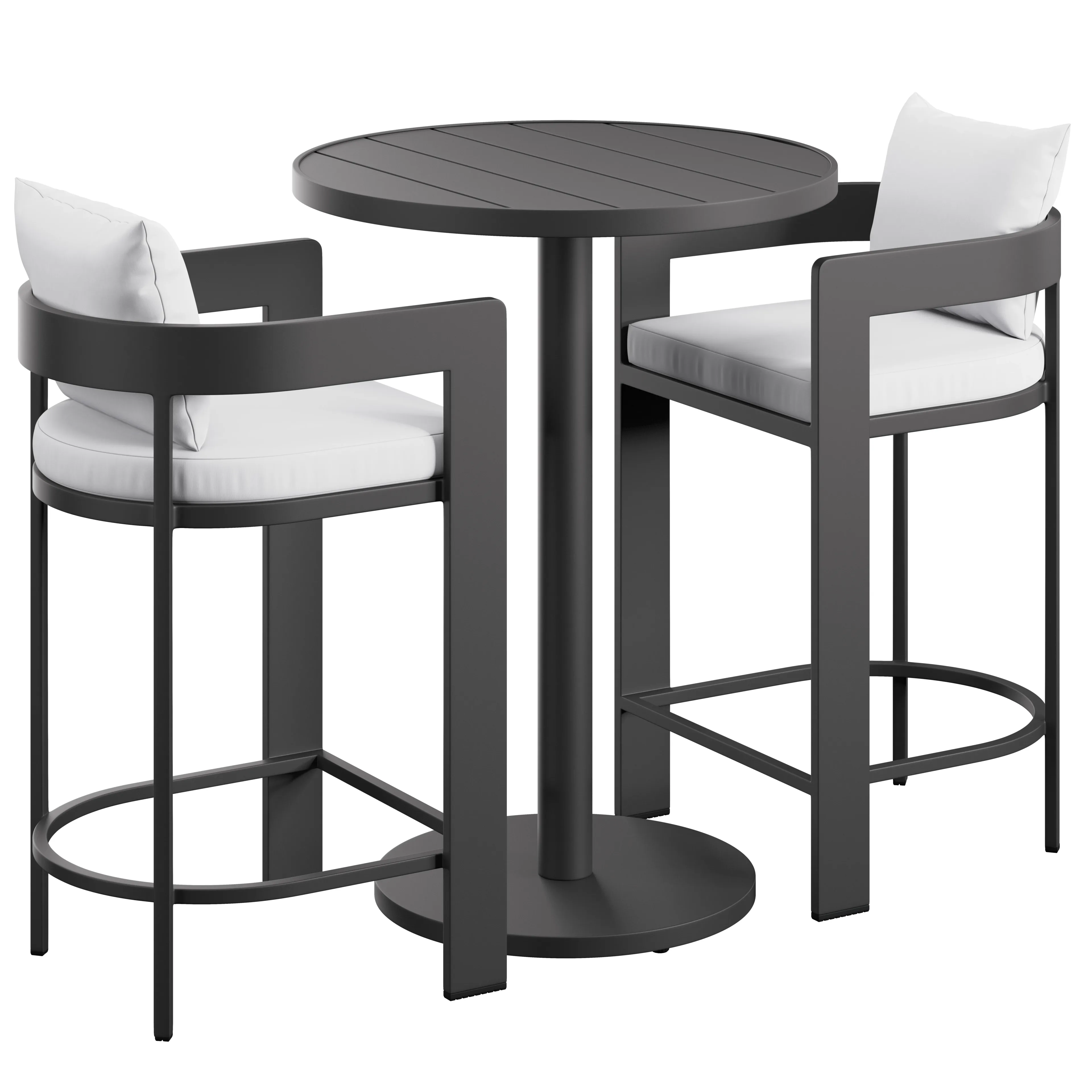 Round black bistro table with two matching high armchairs featuring dark metal frames and white seat and back cushions.