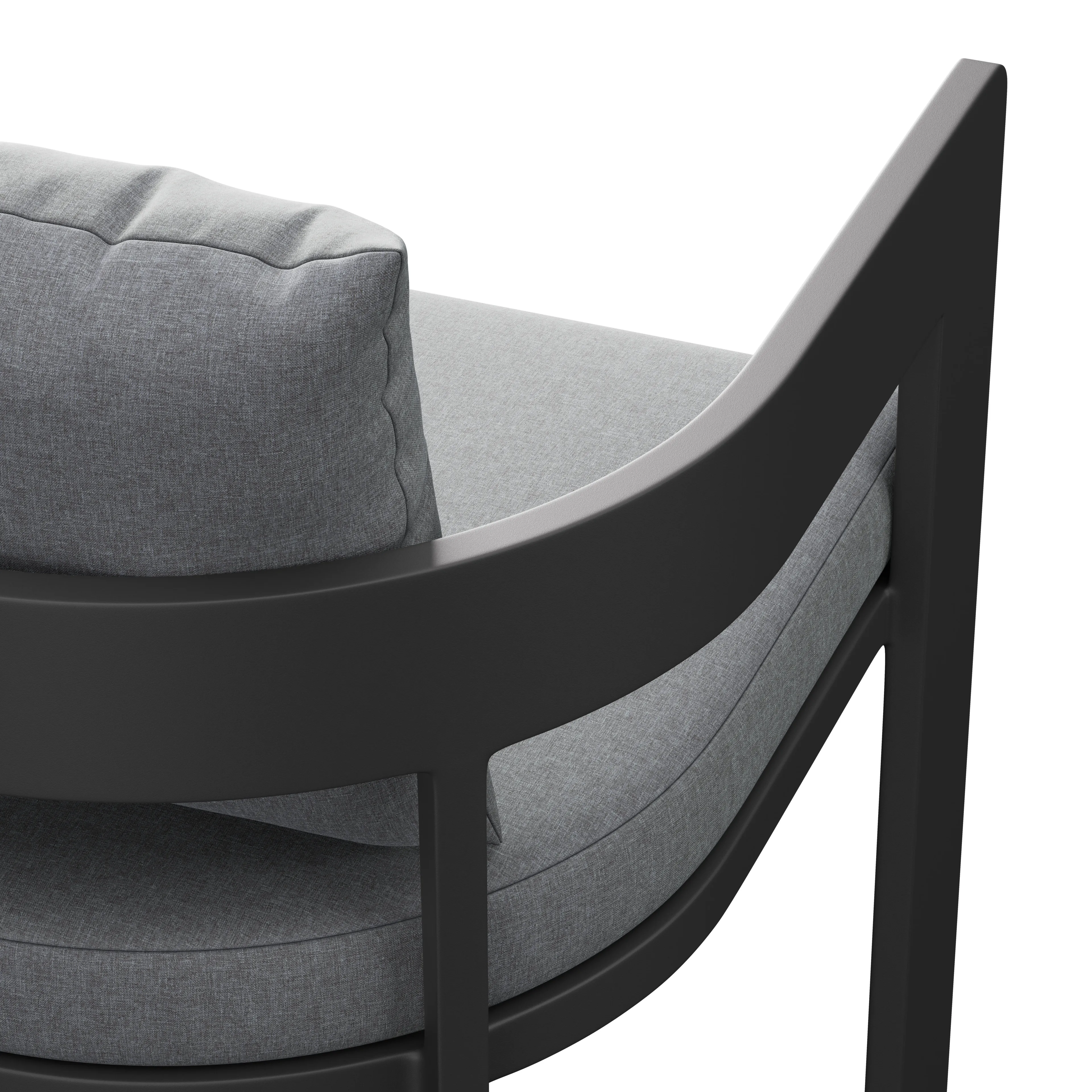 Back corner view of a modern chair with light gray upholstered seat and back cushions nestled in a dark curved frame.