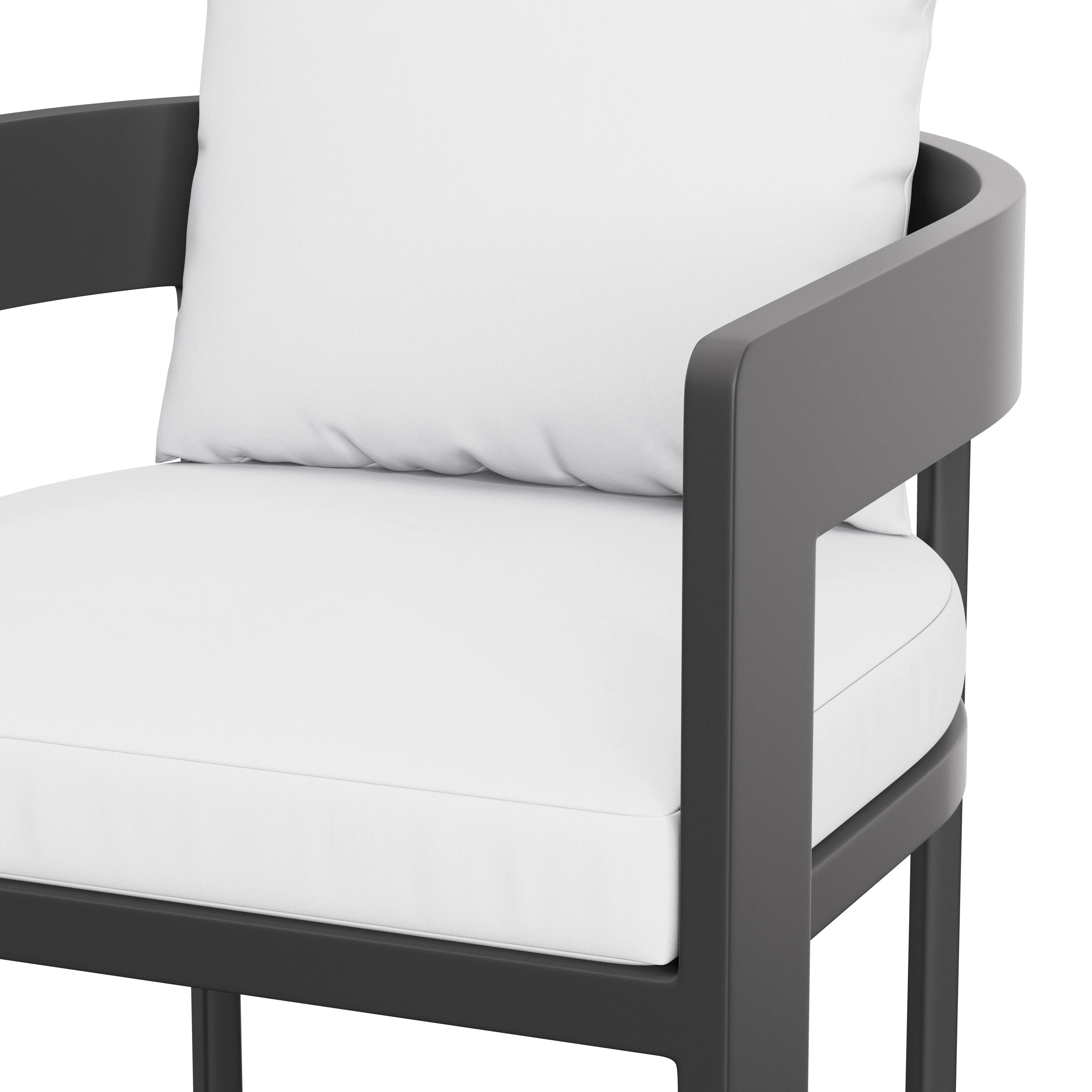 Close-up of a modern stool showing a dark gray rounded armrest and frame with a white seat cushion and back pillow.
