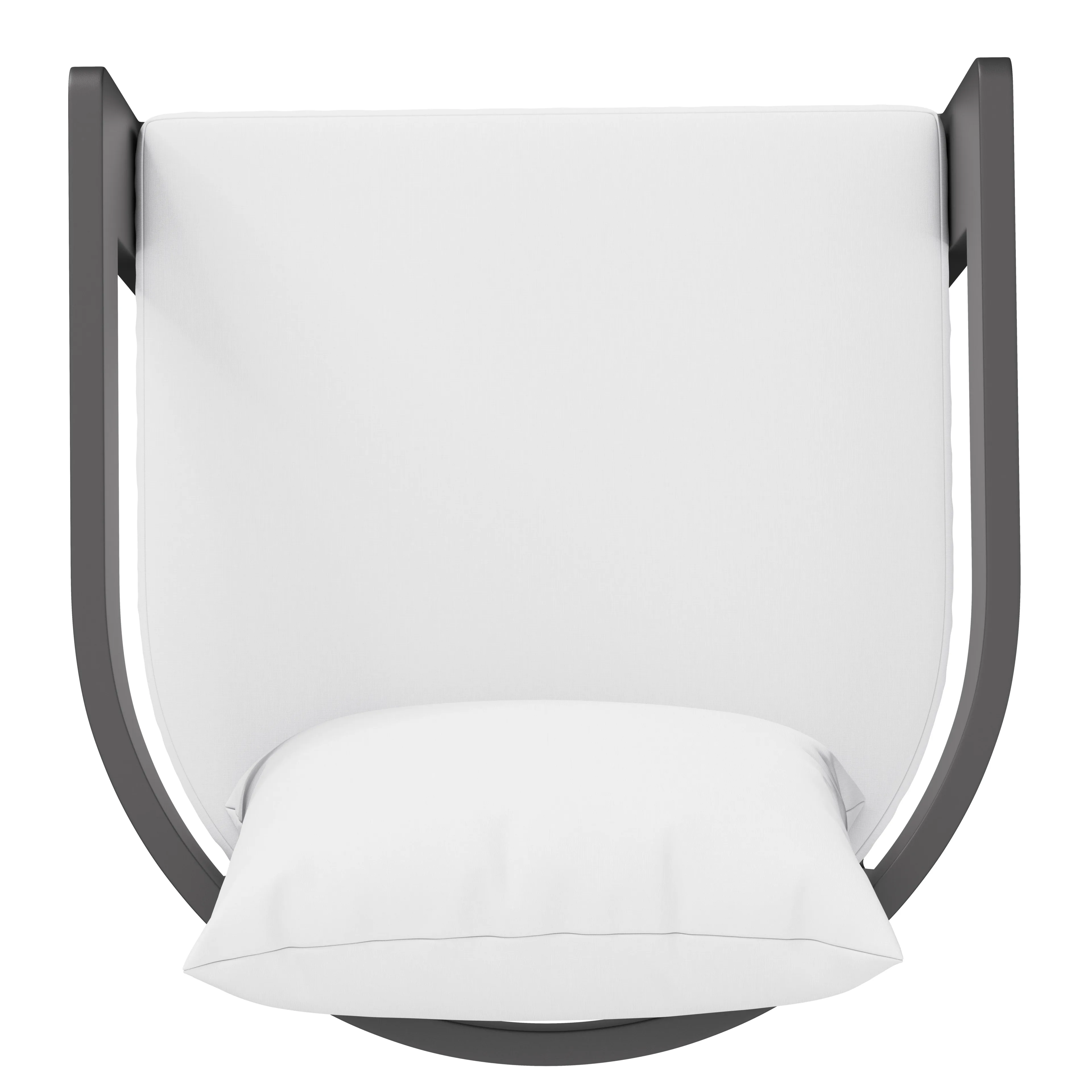 White upholstered hanging chair with rounded dark gray U-shaped frame and plump white seat cushion, front view.