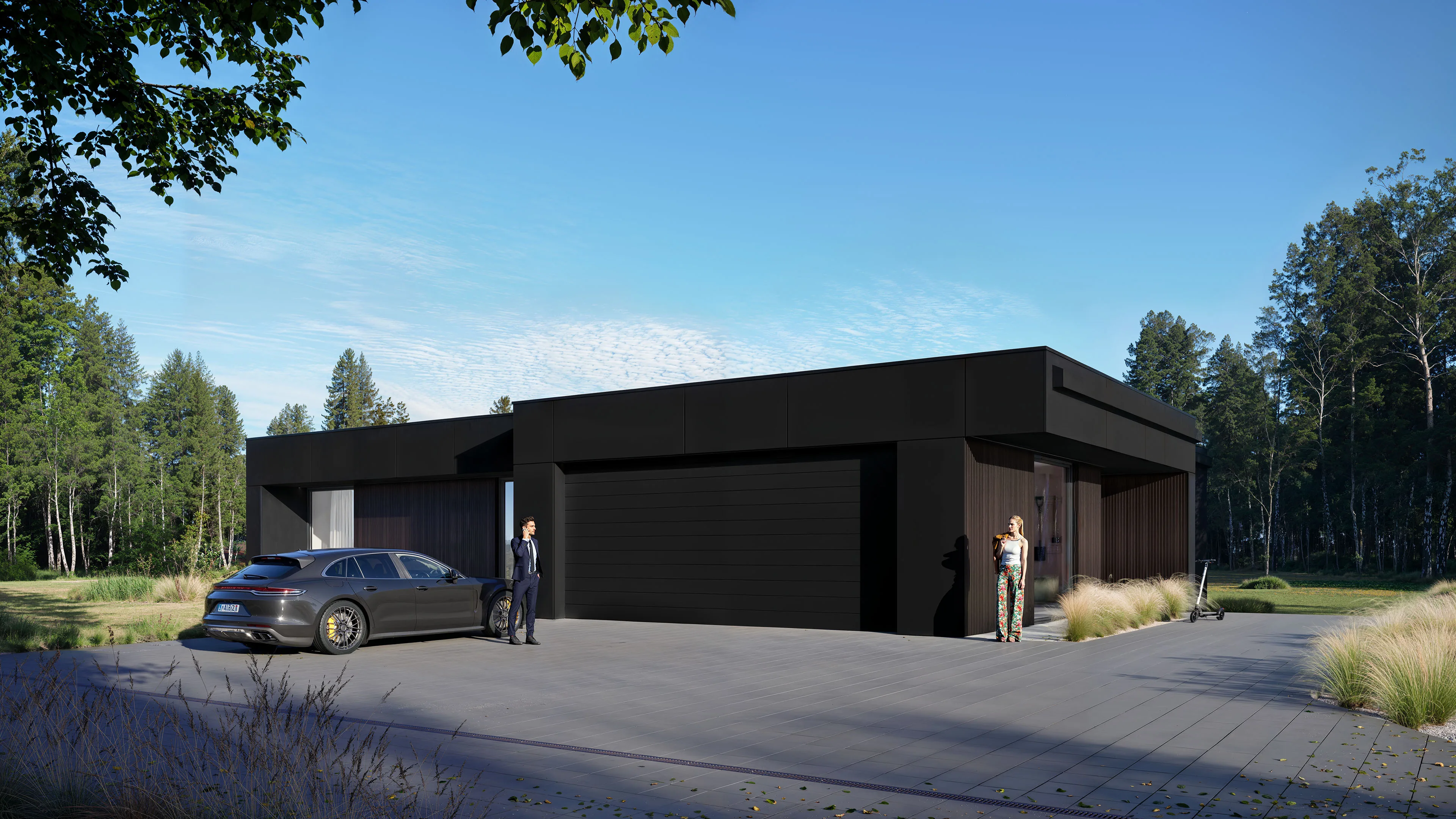 3D Rendering of a Modern single-story black house with large garage, gray car parked, man on phone and woman standing at the entrance.
