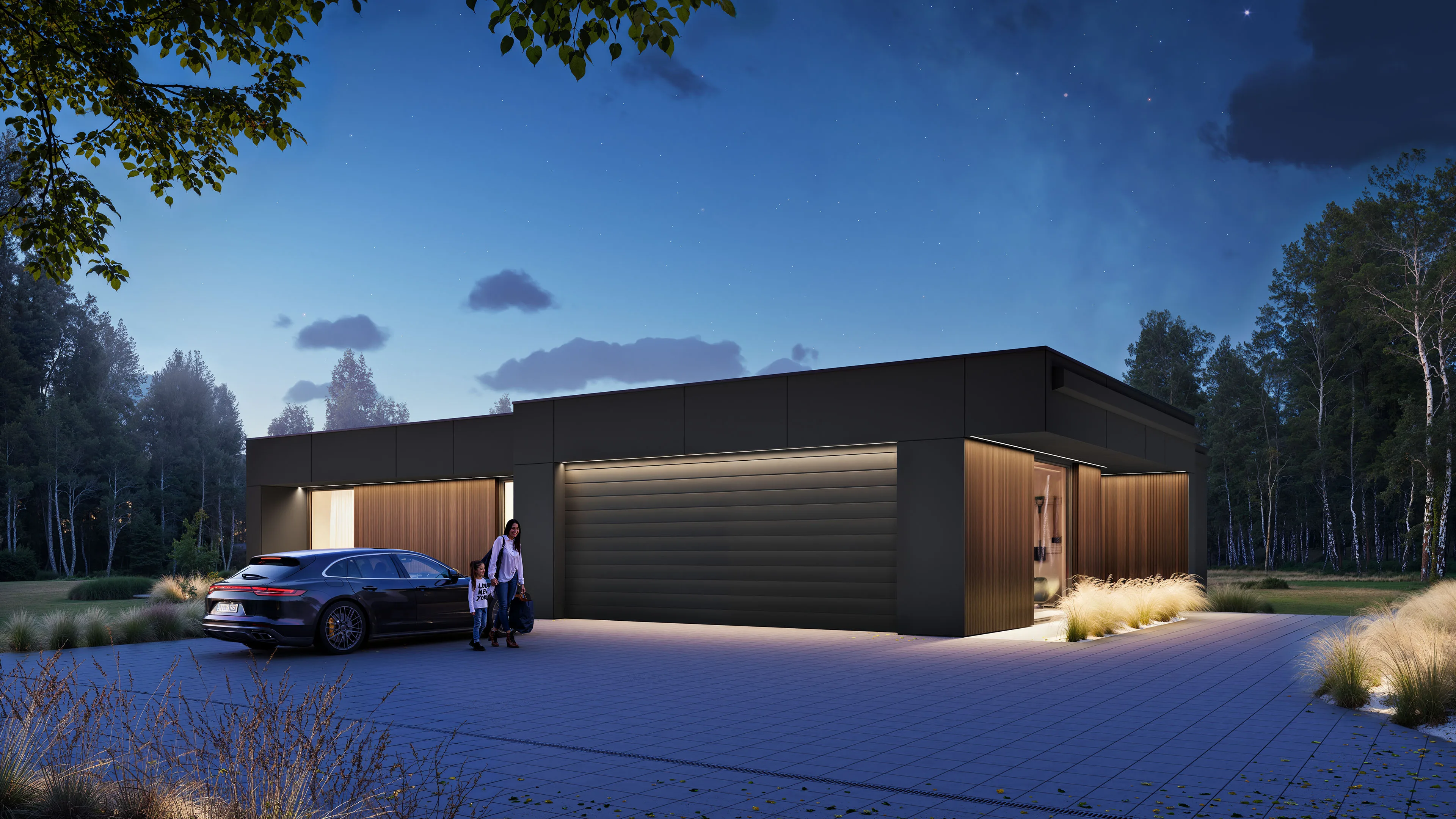 3d Visualization of a Modern single-story dark house at dusk with lit garage, parked car, and a woman holding a child's hand on a paved driveway