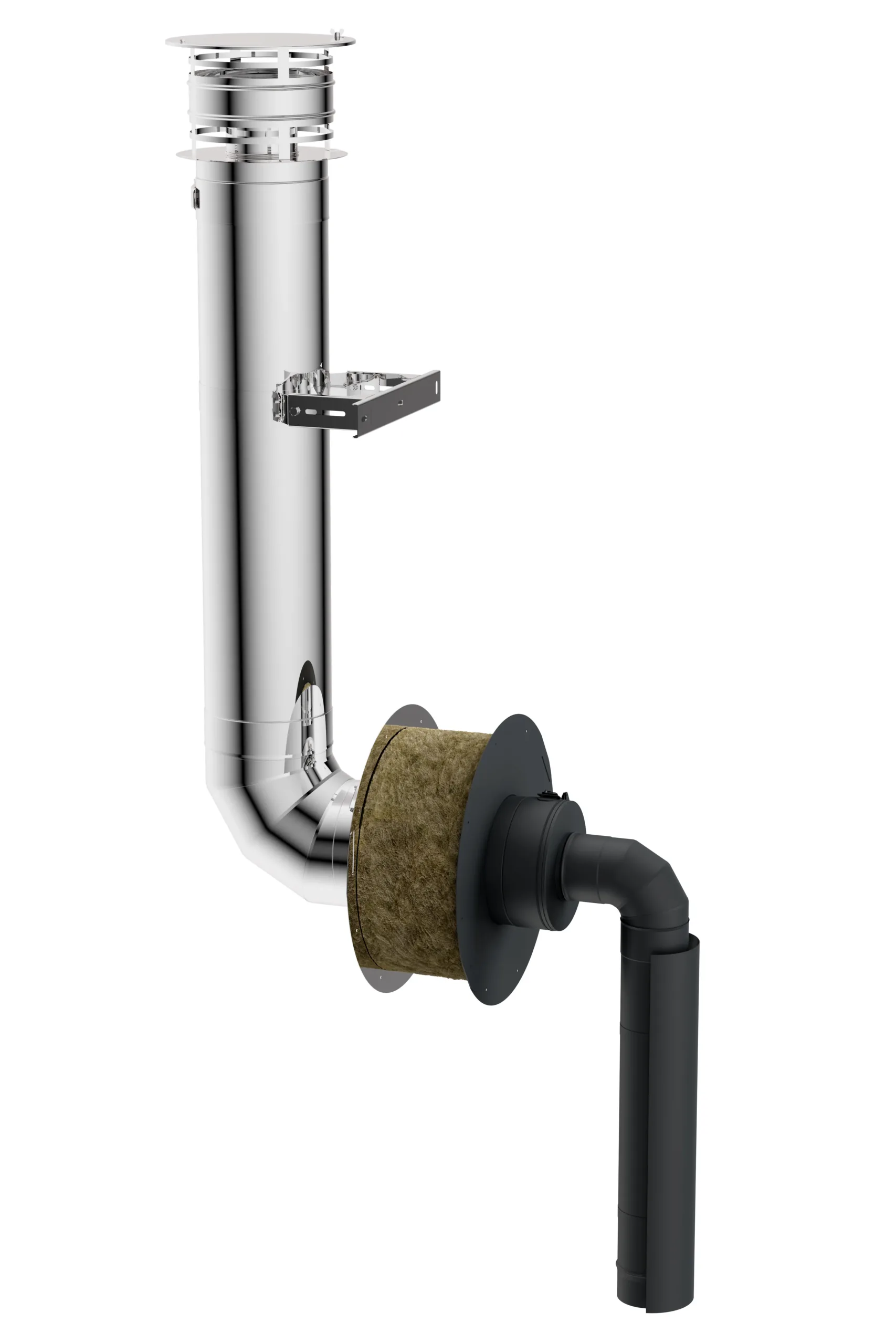 Stainless steel chimney flue assembly with a curved elbow, round mineral-wool insulated section, mounting bracket and black outlet pipe.