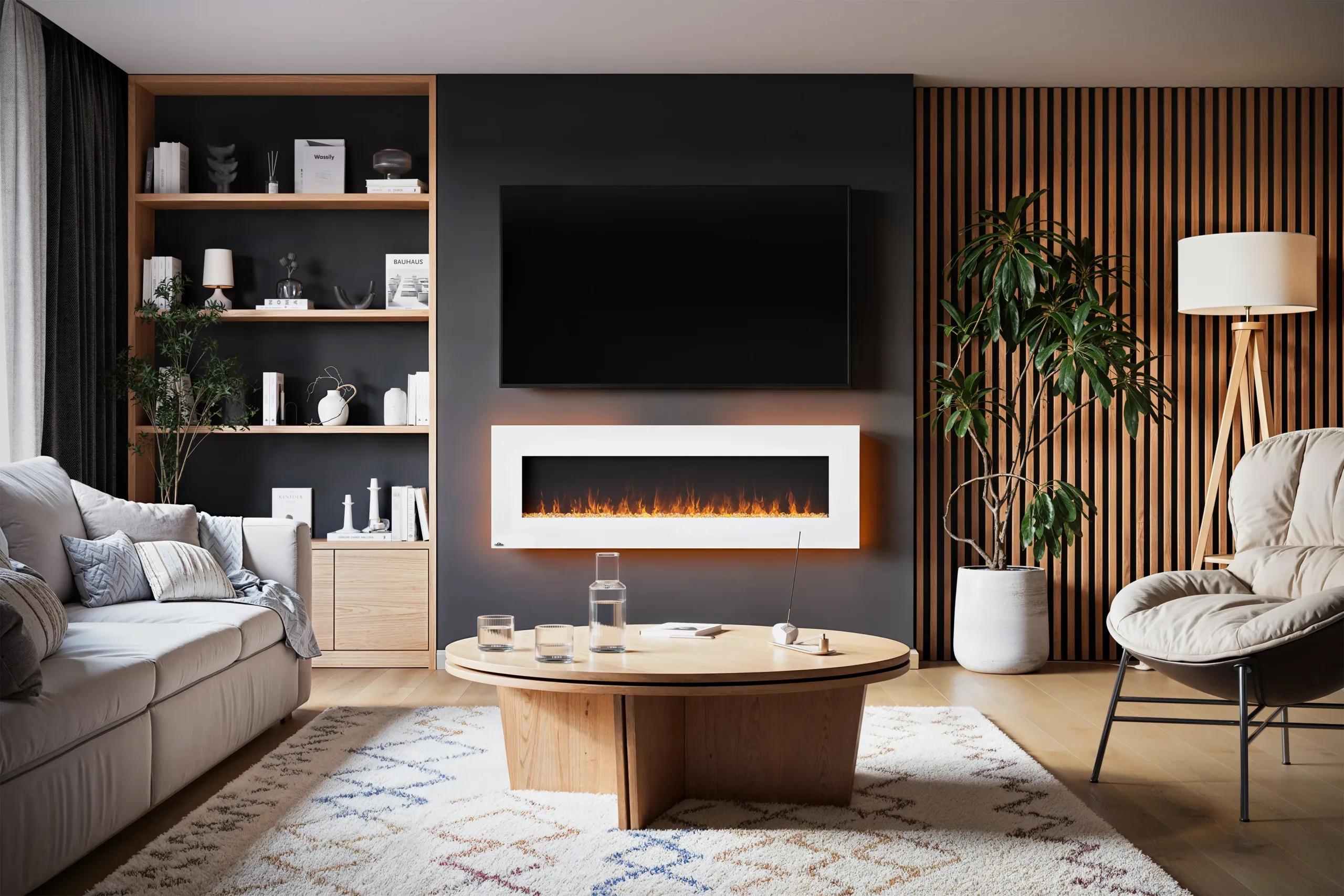 Modern living room with wall-mounted electric fireplace and TV, round wooden coffee table, neutral sofa and potted plant.