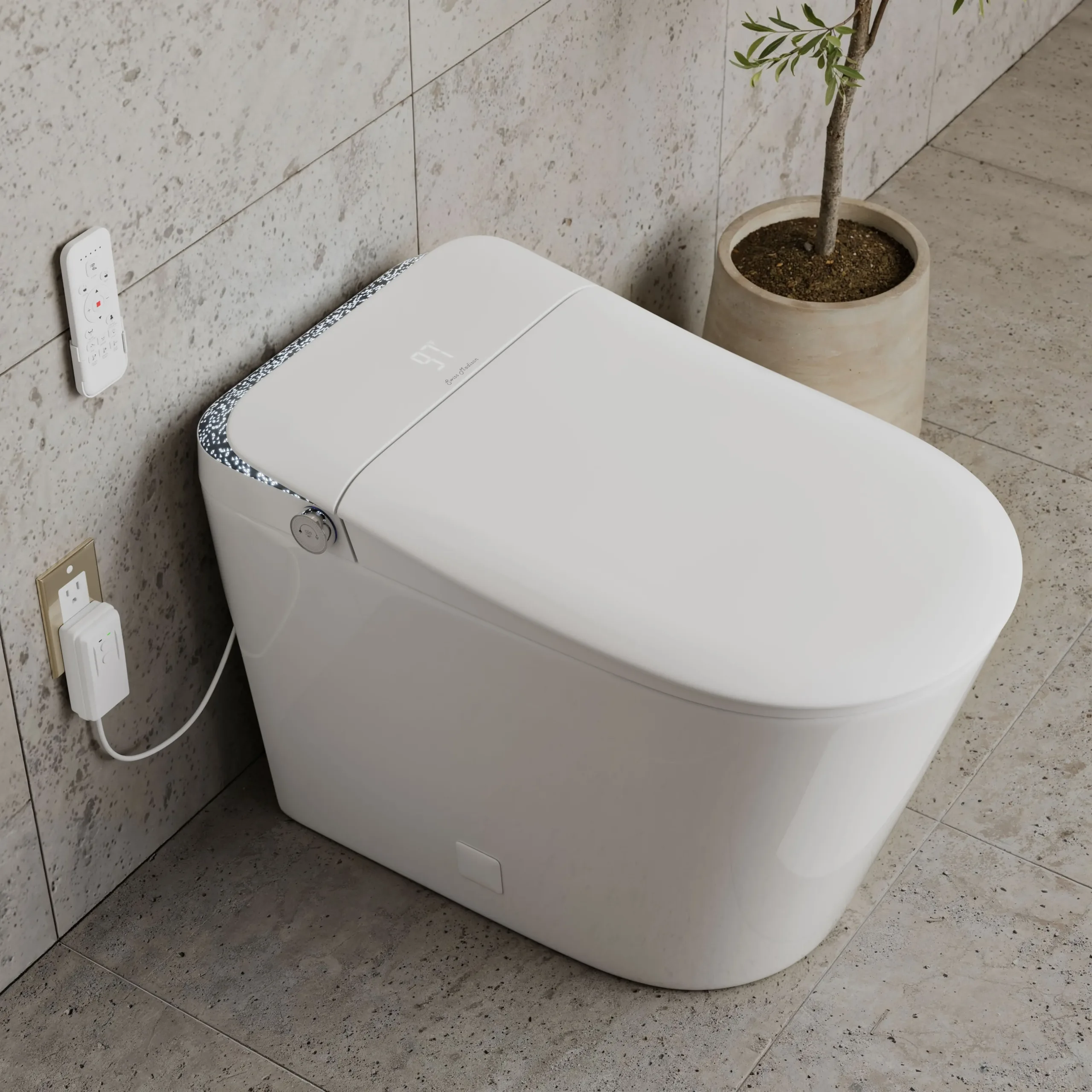 Photorealistic 3D rendering by 3D Corner of a smart toilet with LED edge lighting, high-end finish, marketing-ready rendering, ideal for developer portfolios.