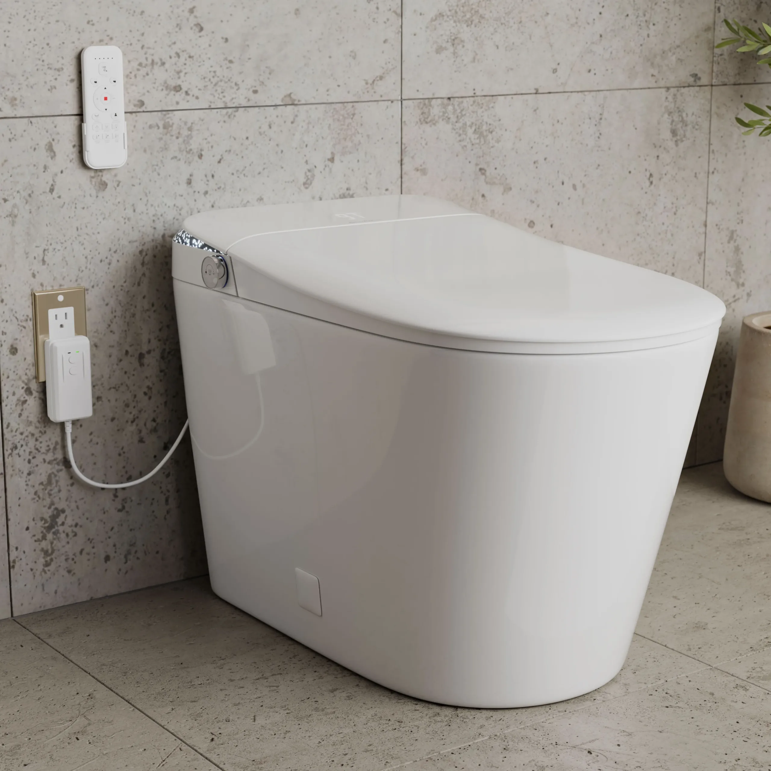 Photorealistic 3D rendering by 3D Corner of a smart toilet with wall remote in a minimalist bathroom, high-end finish, marketing-ready rendering, ideal for furniture manufacturing catalogs