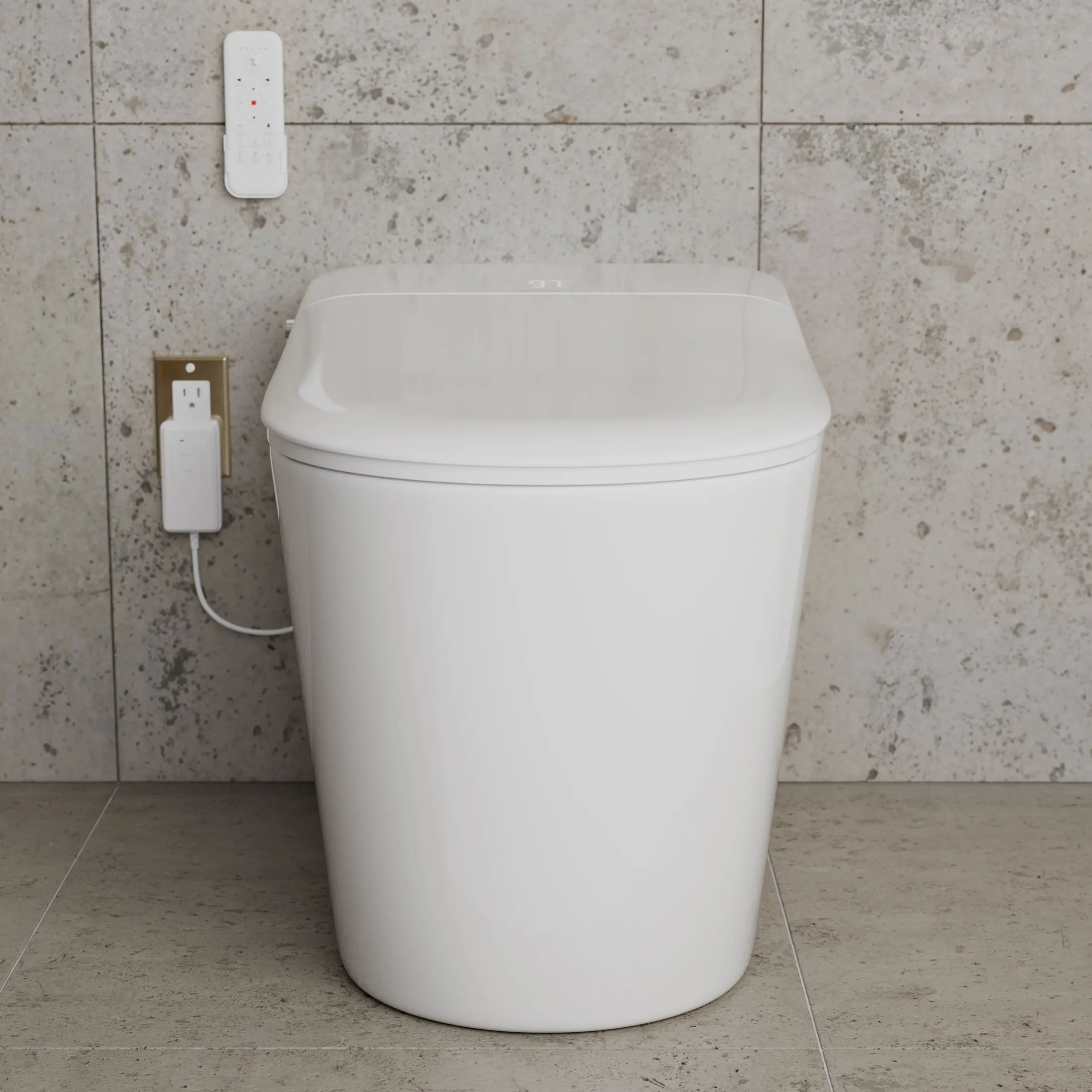 Photorealistic 3D rendering by 3D Corner of a sleek smart toilet with wall remote, high-end finish, advanced product details, ideal for developer portfolios