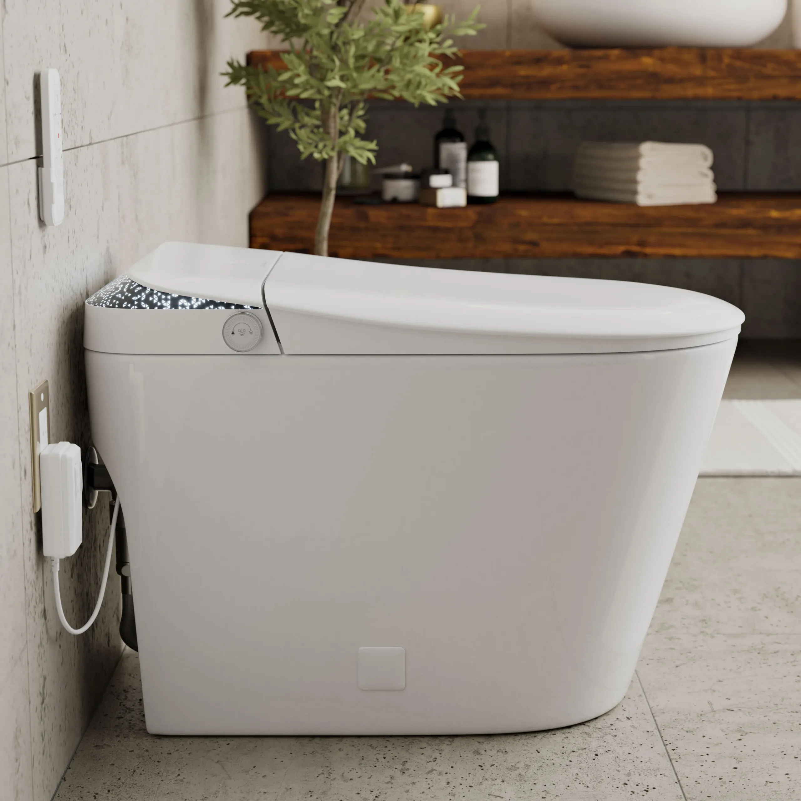 Photorealistic 3D rendering by 3D Corner of a smart toilet in a modern bathroom, high-end finish, marketing-ready rendering, ideal for developer portfolios