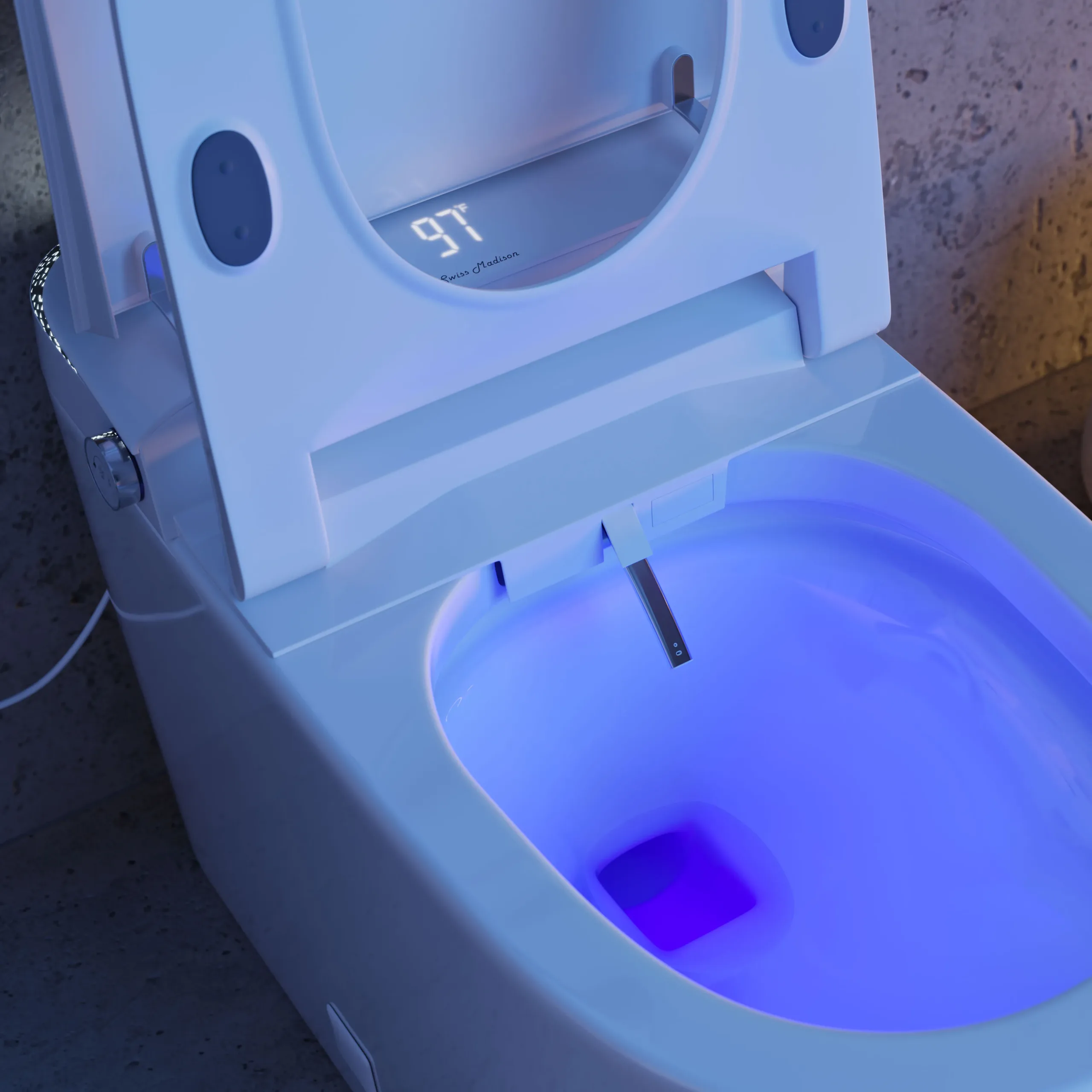 Photorealistic 3D rendering by 3D Corner of a smart toilet with LED-lit bowl and digital display, high-end finish, marketing-ready rendering, ideal for luxury property listings.