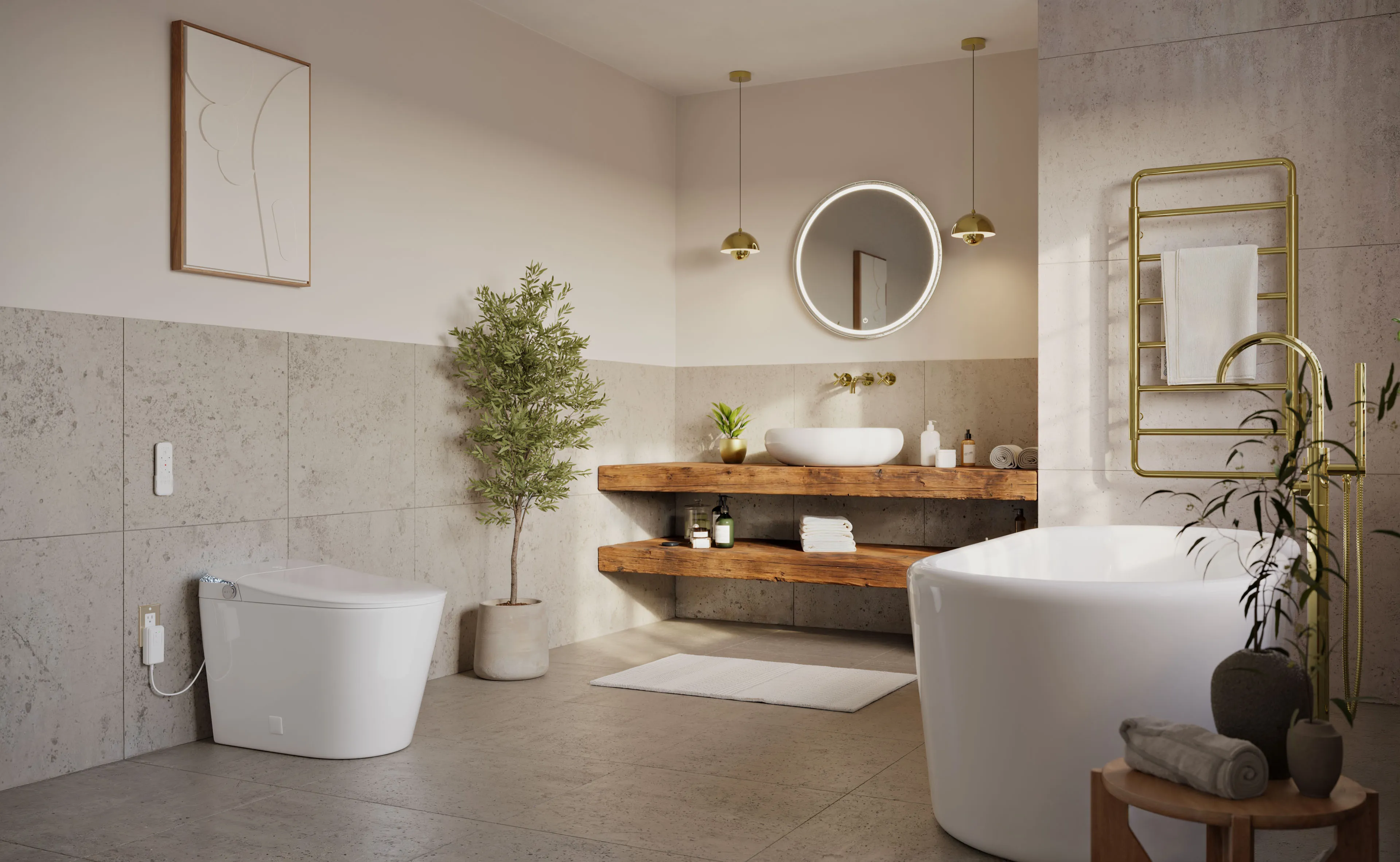 Photorealistic 3D rendering by 3D Corner of a luxury bathroom with freestanding tub, smart toilet, and stone finishes, marketing-ready rendering, luxury property standard, enhancing real estate listings.