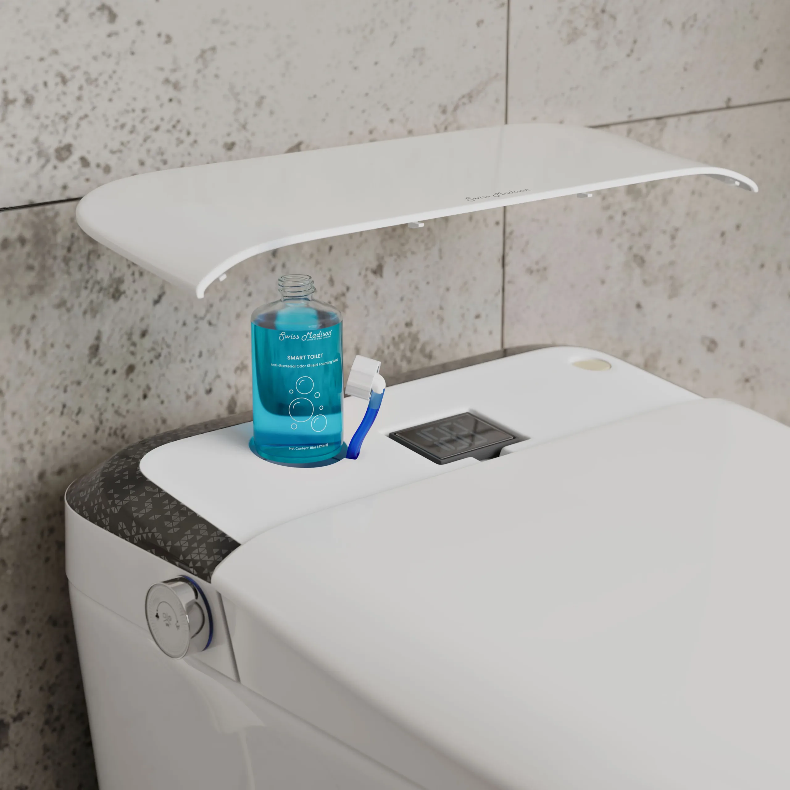 Photorealistic 3D rendering by 3D Corner of a smart toilet detail with cleaning bottle and raised lid, advanced product details, marketing-ready rendering, ideal for furniture manufacturing catalogs