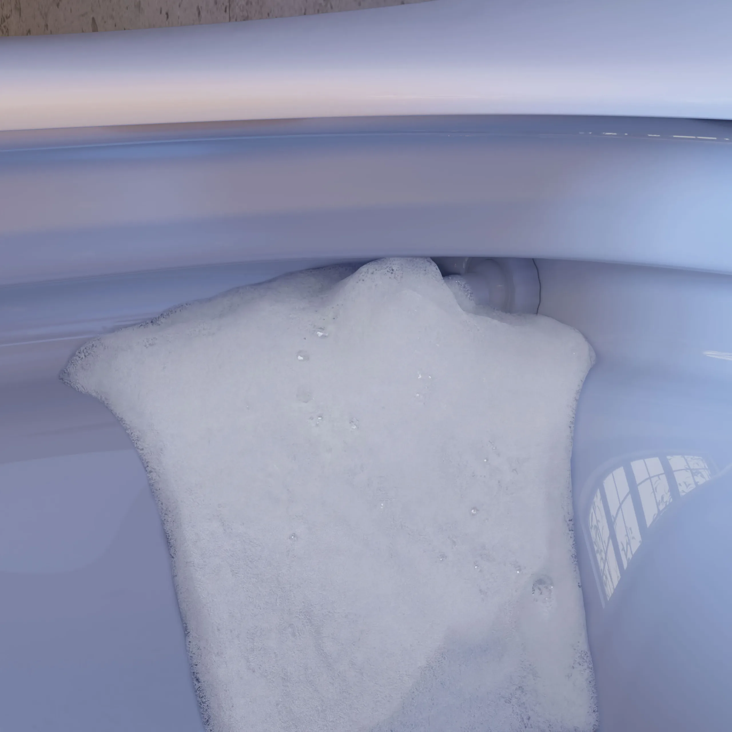 Photorealistic 3D rendering by 3D Corner of a glossy bathtub with foam shield, high-end finish, marketing-ready rendering for real estate listings.