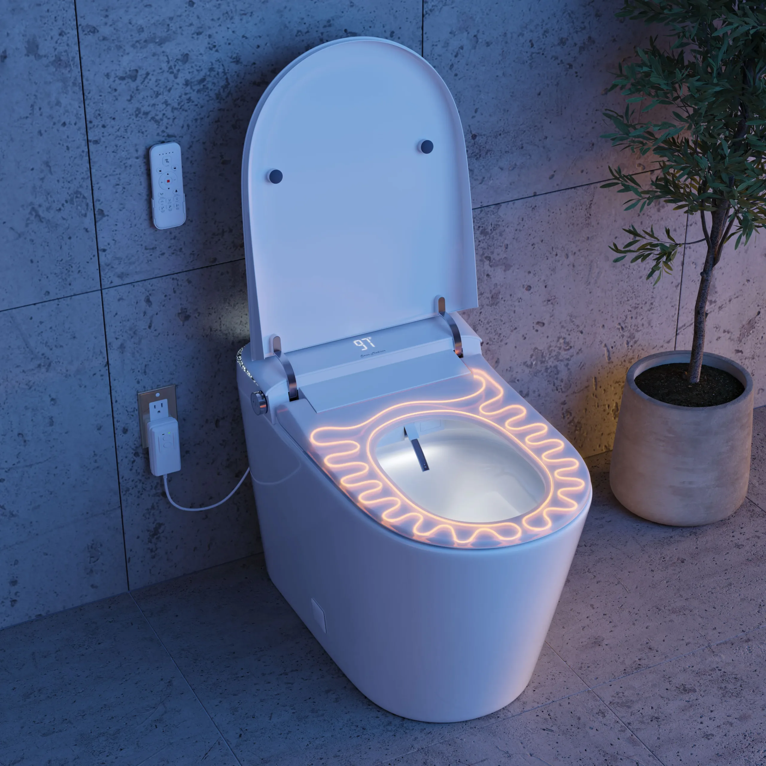 Photorealistic 3D rendering by 3D Corner of a smart toilet with LED-heated seat, high-end finish, marketing-ready rendering, ideal for developer portfolios.