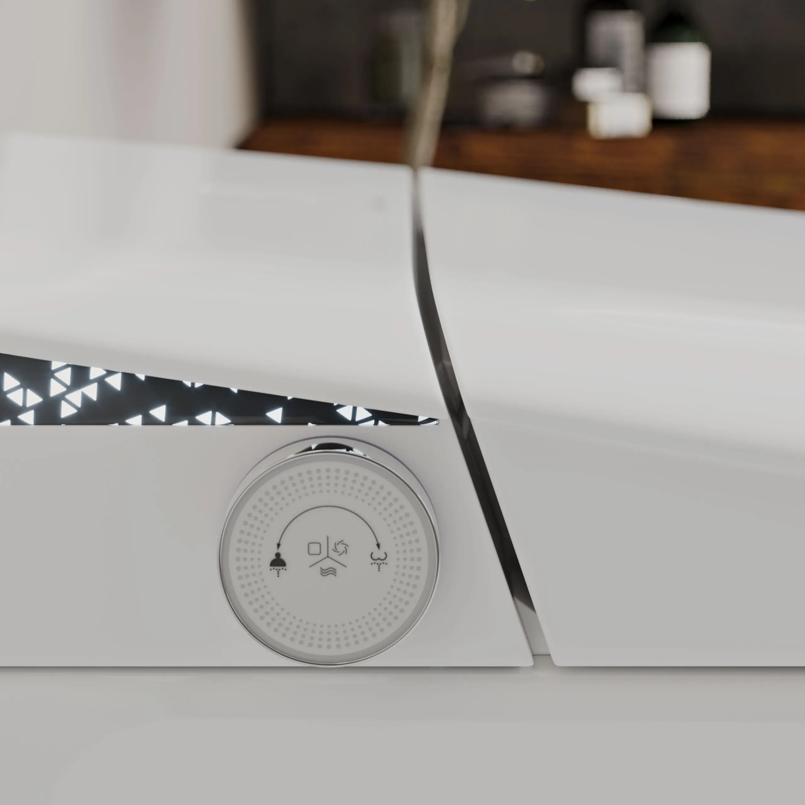 Photorealistic 3D rendering by 3D Corner of a smart toilet control panel with LED accents, advanced product details, marketing-ready rendering, ideal for developer portfolios