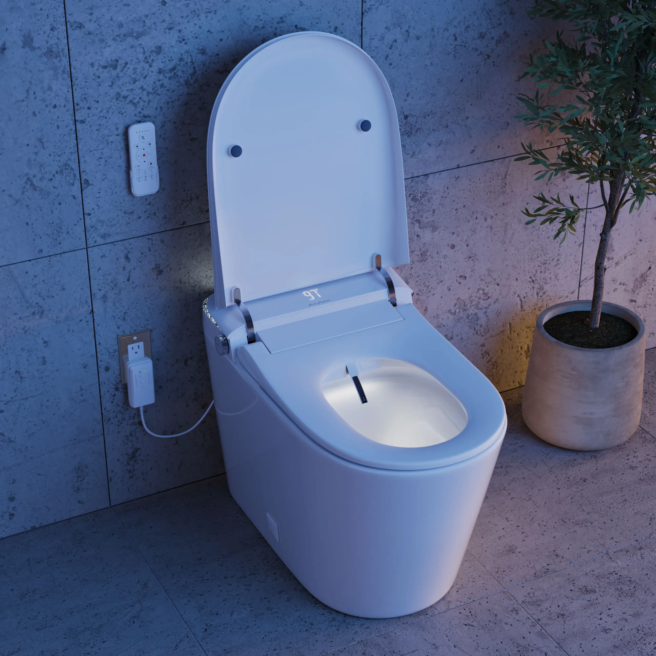 Photorealistic 3D rendering by 3D Corner of a smart toilet with LED display and remote, high-end finish, marketing-ready rendering, ideal for developer portfolios