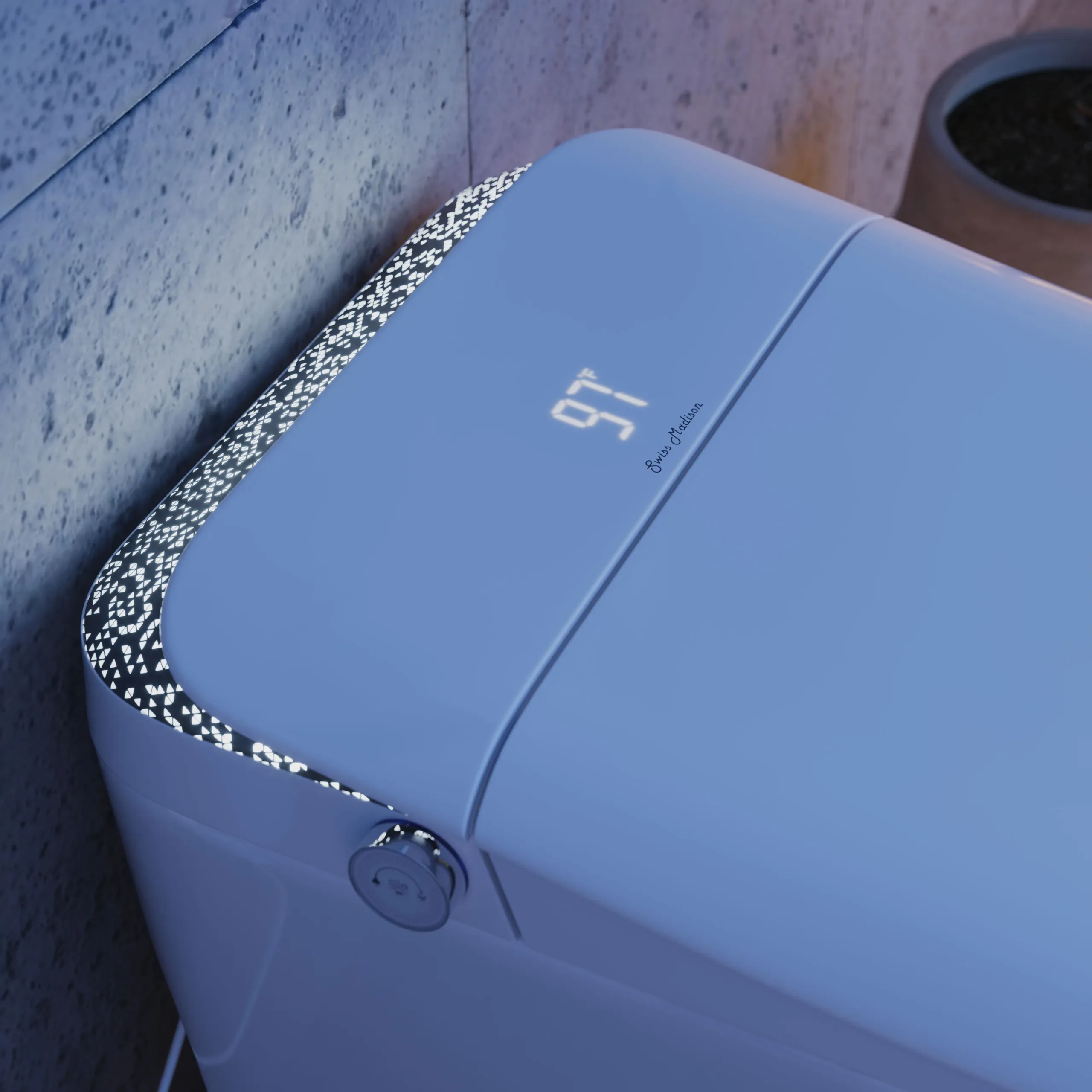 Photorealistic 3D rendering by 3D Corner of a smart toilet with LED temperature display, high-end finish, advanced product details, ideal for developer portfolios
