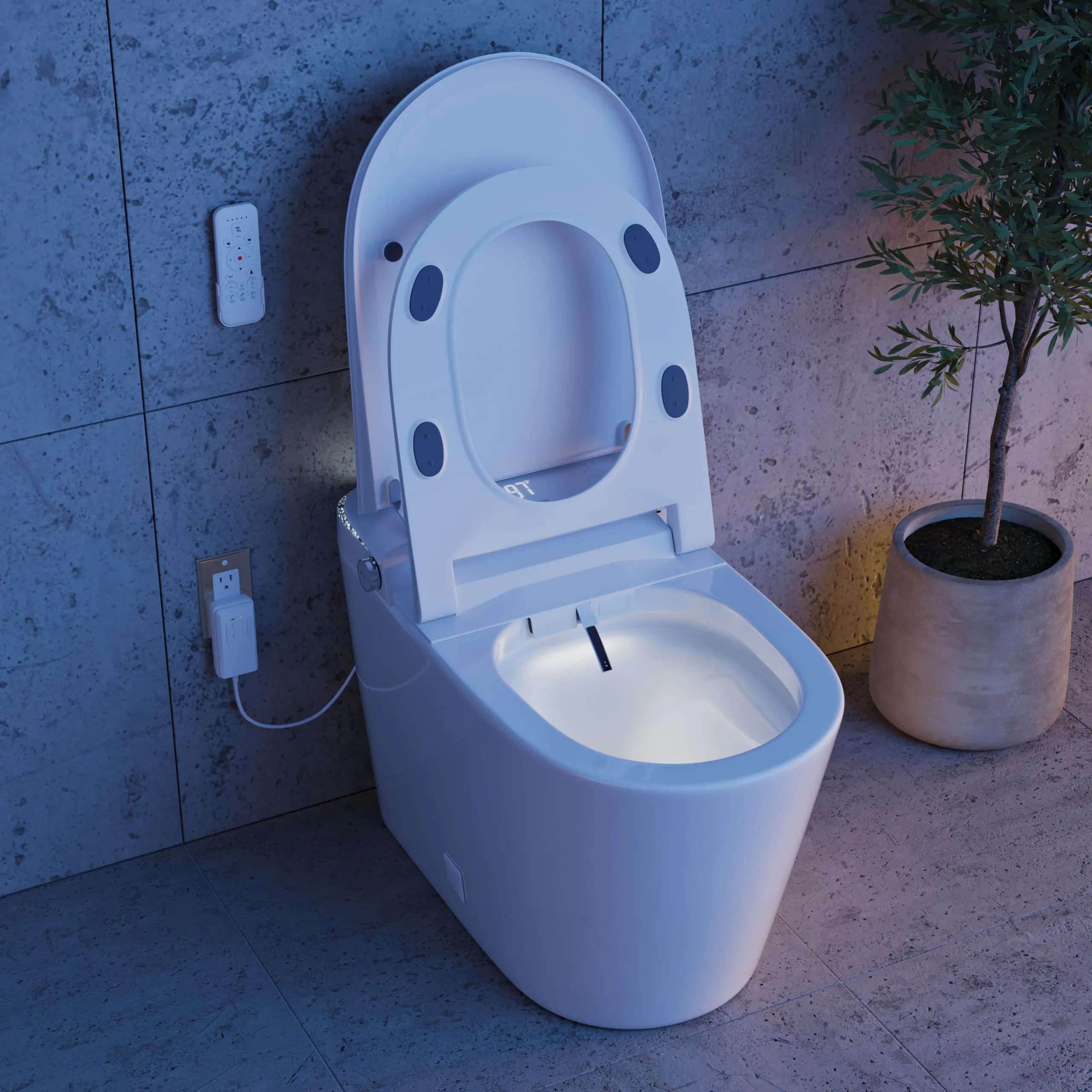 Photorealistic 3D rendering by 3D Corner of a smart toilet with remote and LED-lit bowl, high-end finish, marketing-ready rendering, ideal for developer portfolios