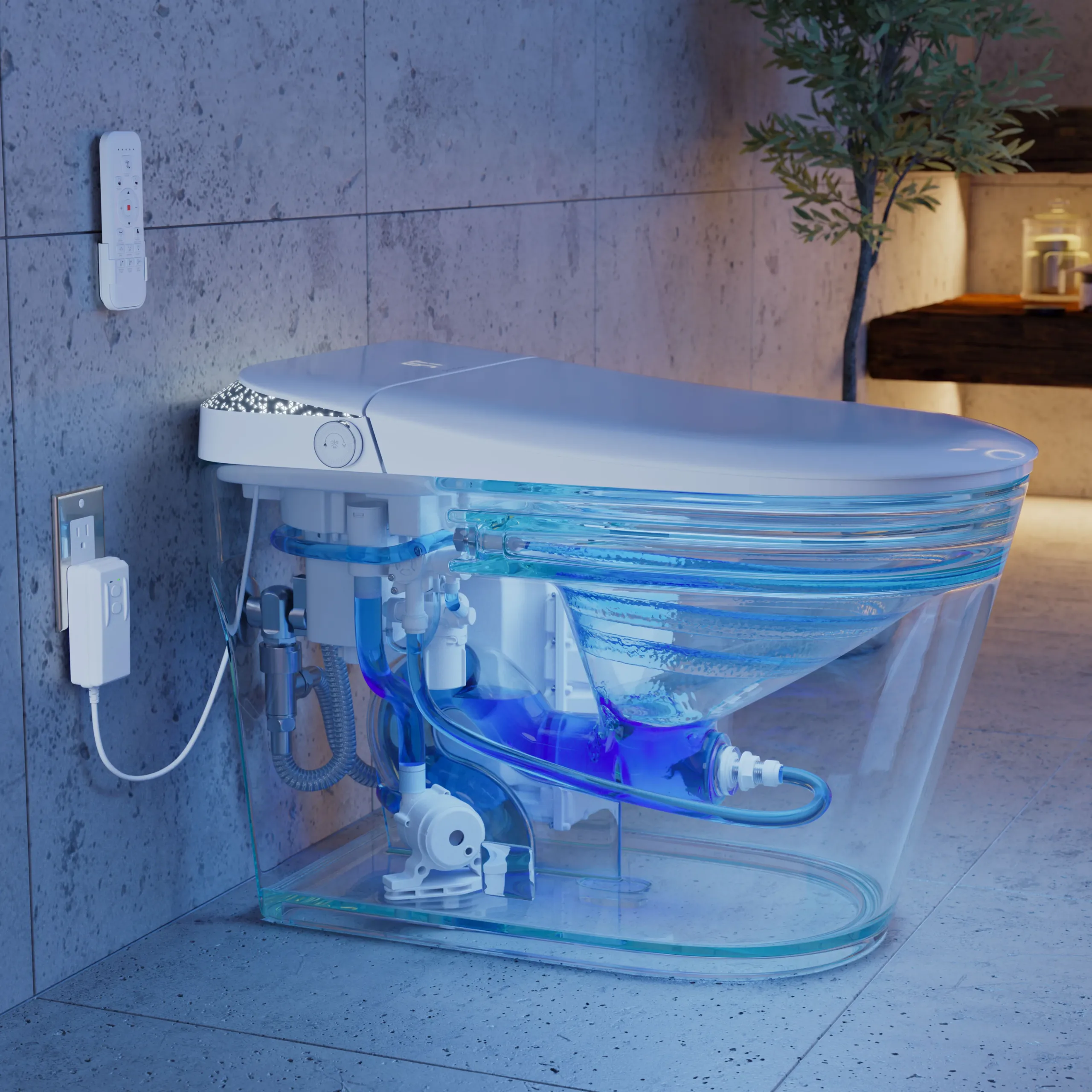Photorealistic 3D rendering by 3D Corner of a transparent smart toilet cutaway, advanced product details, marketing-ready rendering, ideal for catalogs