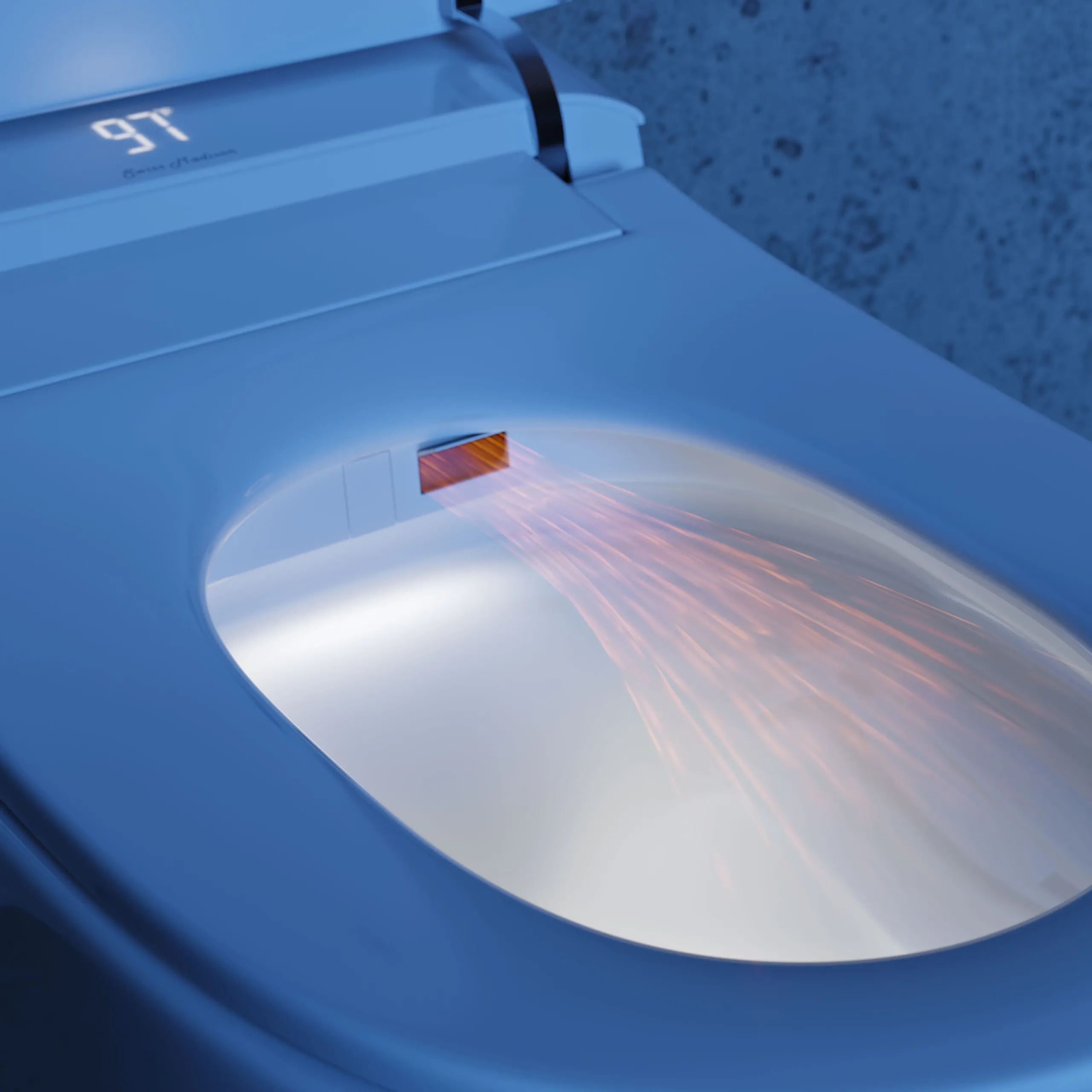Photorealistic 3D rendering by 3D Corner of a smart toilet warm air dryer with LED display, advanced product details, marketing-ready rendering, ideal for furniture manufacturing catalogs